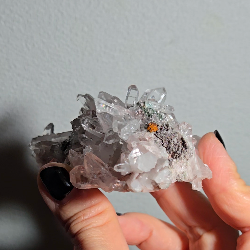 Pink Lemurian quartz cluster with green chlorite inclusions - LQ191