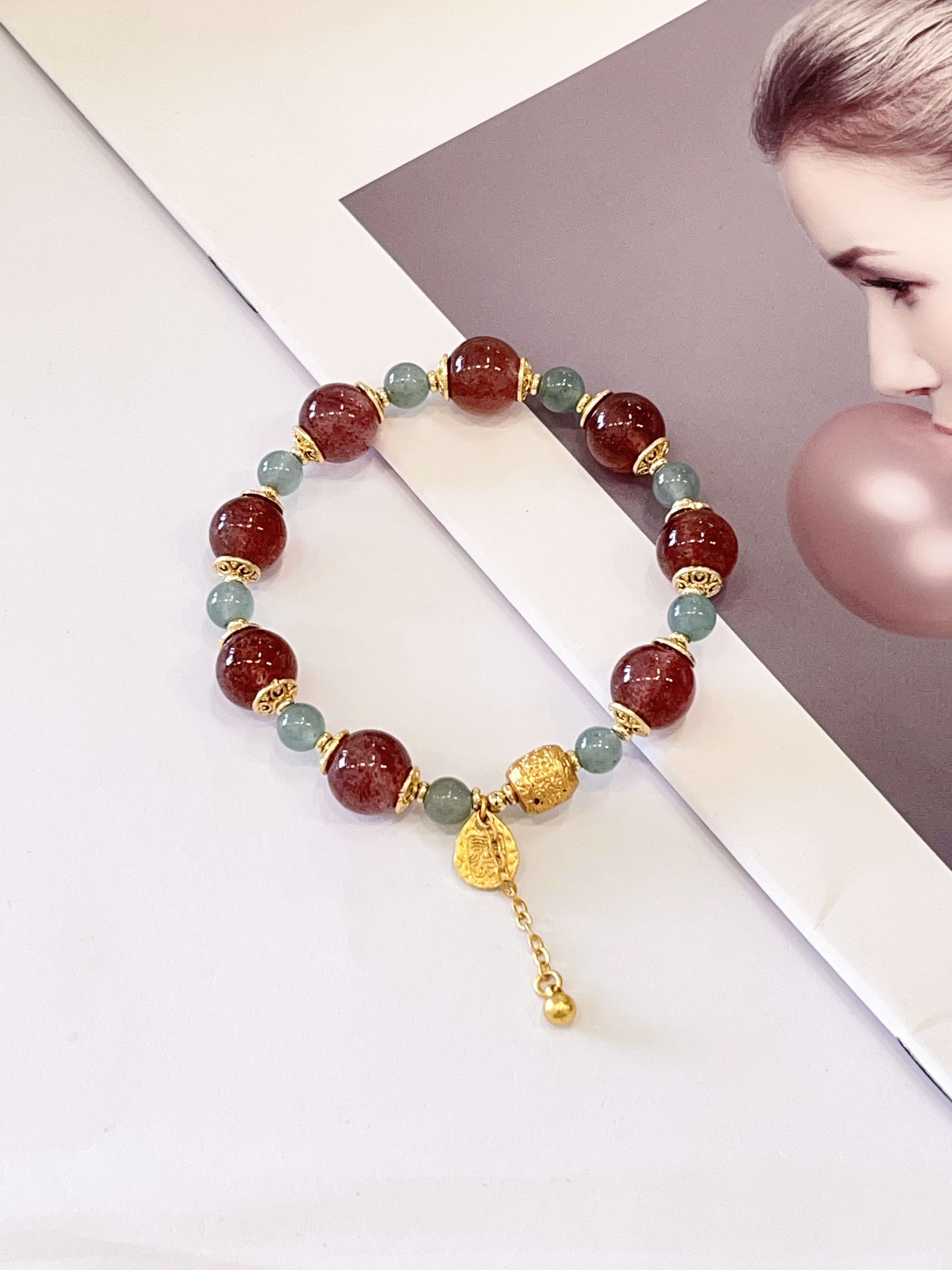 🍓 草莓晶 × 东陵玉手串 Strawberry Quartz & Aventurine  