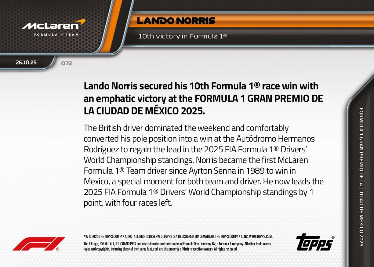 Lando Norris - 2025 F1 Topps NOW® #72 Mexico City GP 贏車卡｜PR 4,039
