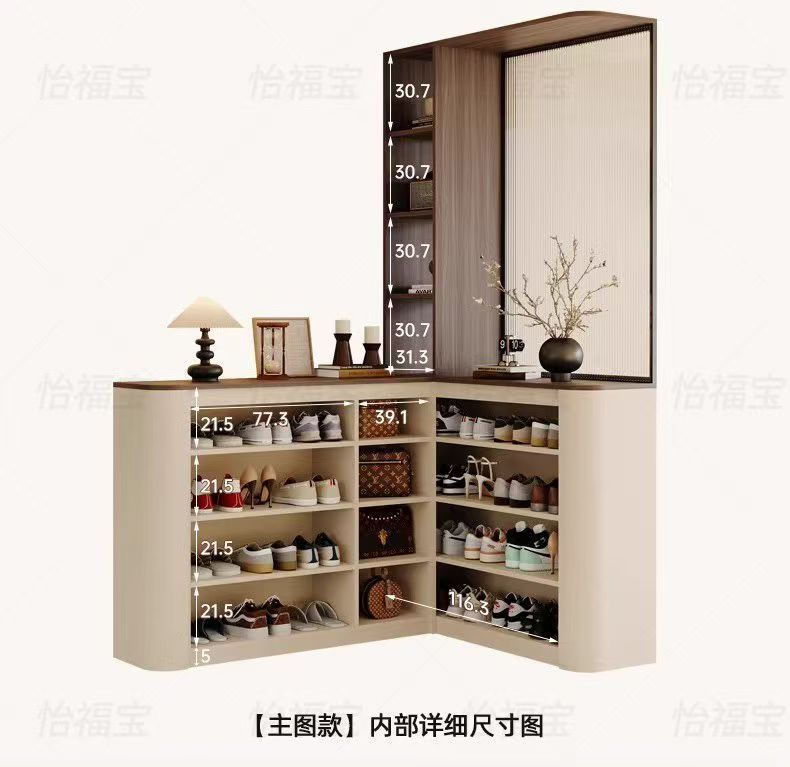 中古风轉角玄關鞋櫃一體櫃 圓弧玻璃屏風間隔 大容量儲物櫃訂造 Shoe cabinet
