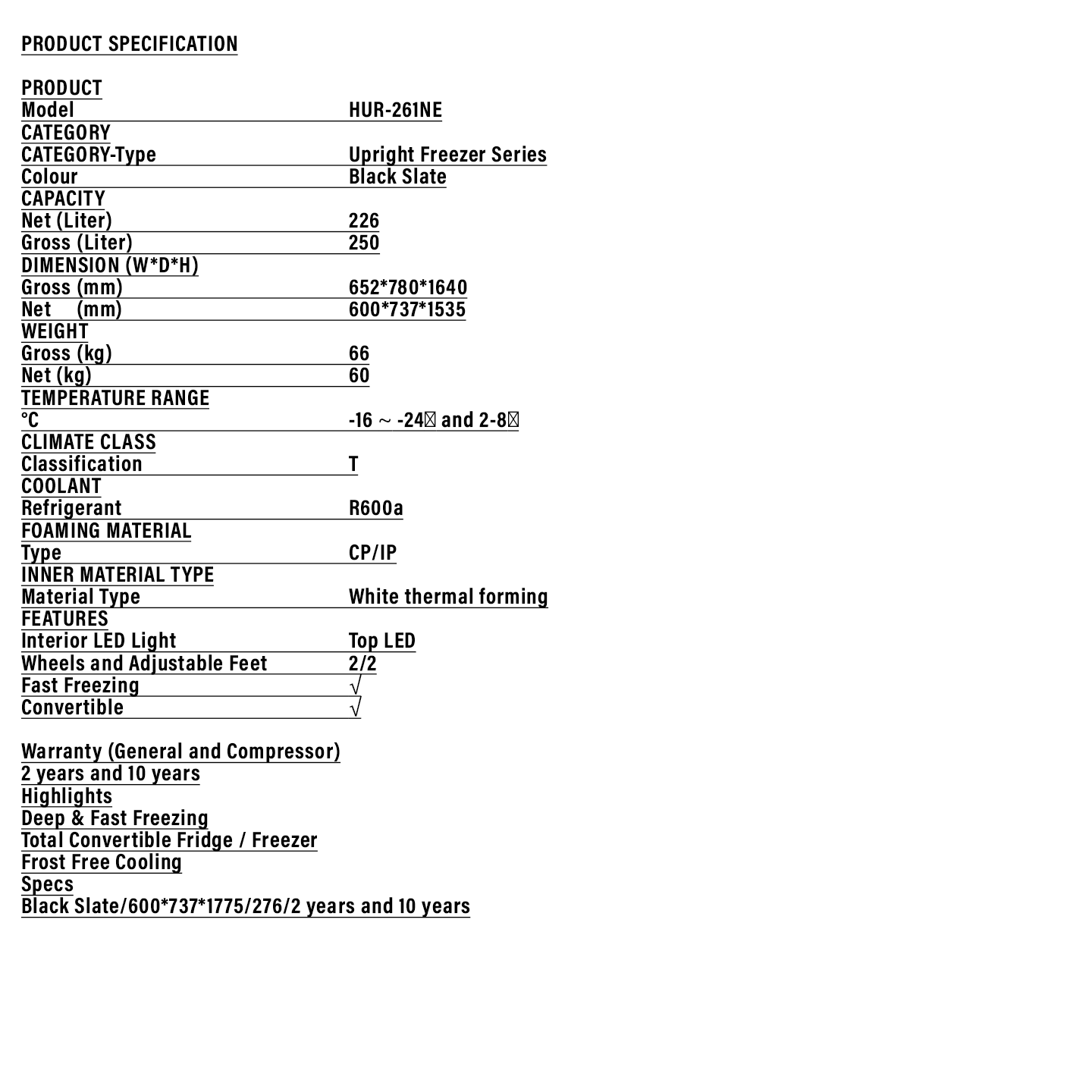 Haier 226L Upright Freezer (HUR-261NE)