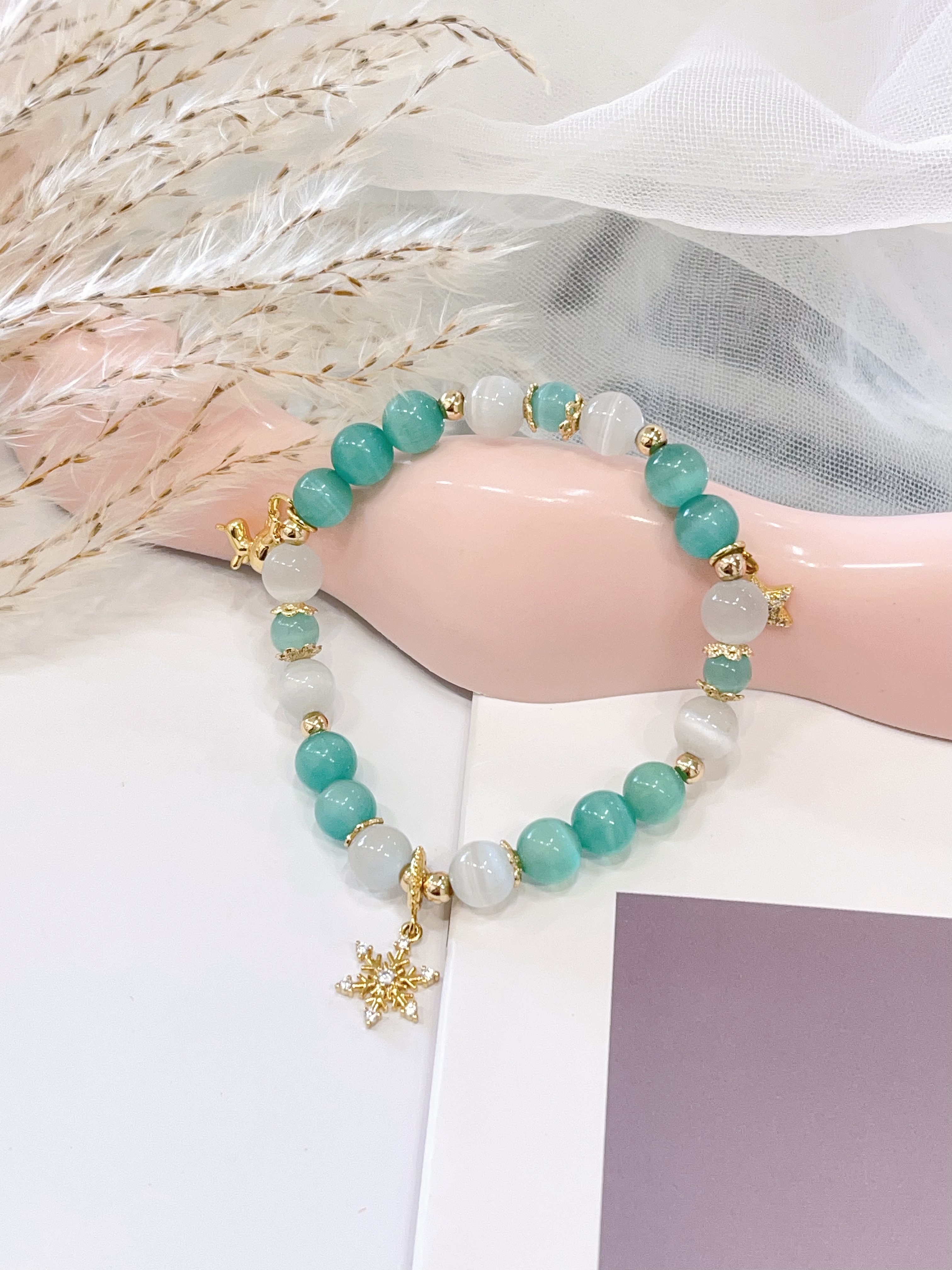 ❄️💙 猫眼石 × 蓝绿猫眼 × 配饰手串 Cat’s Eye Stone, Blue-Green Cat’s Eye & Charm | 8mm