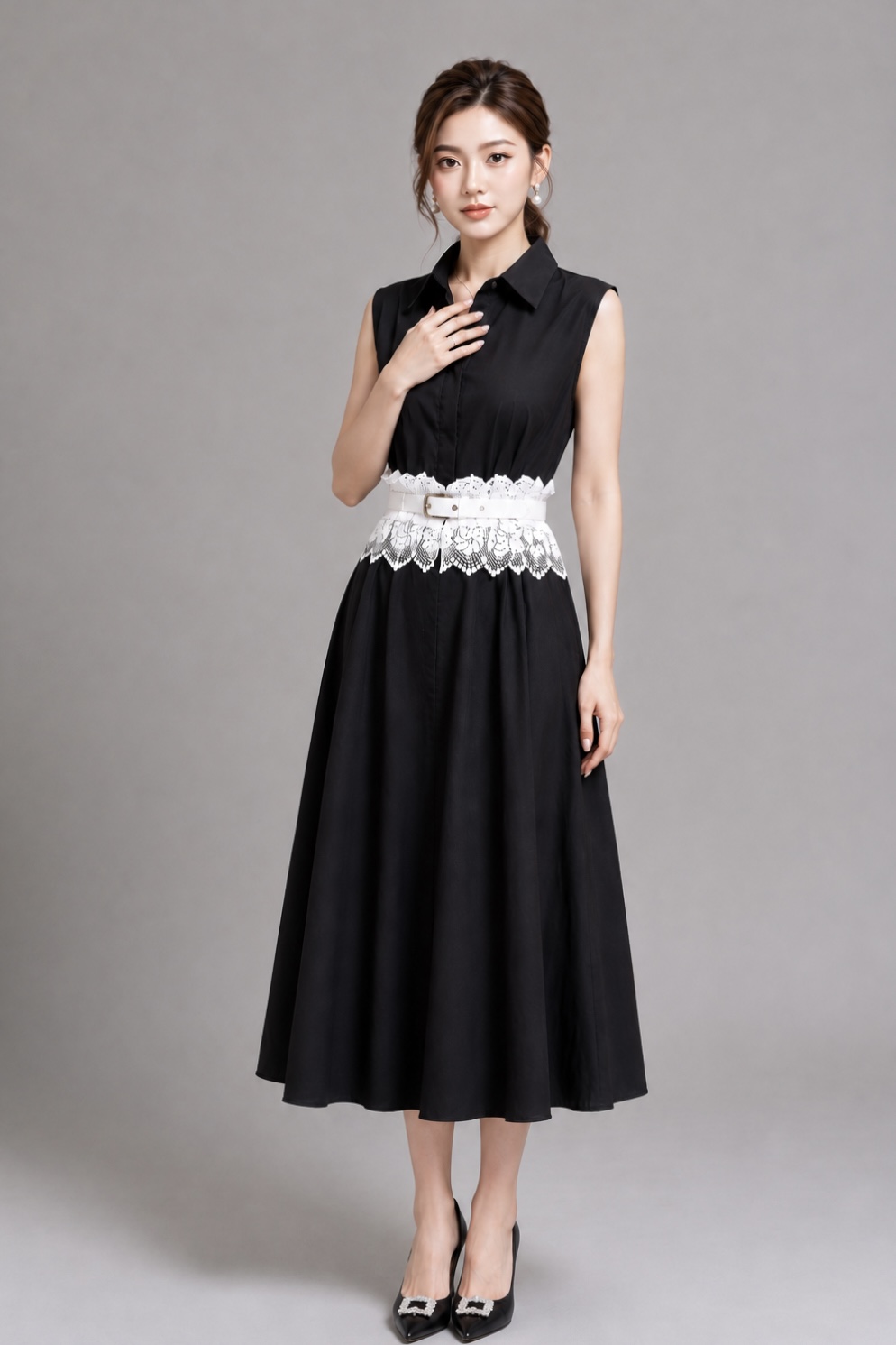 1501BD Sleeveless Collared Fit & Flare Midi Dress