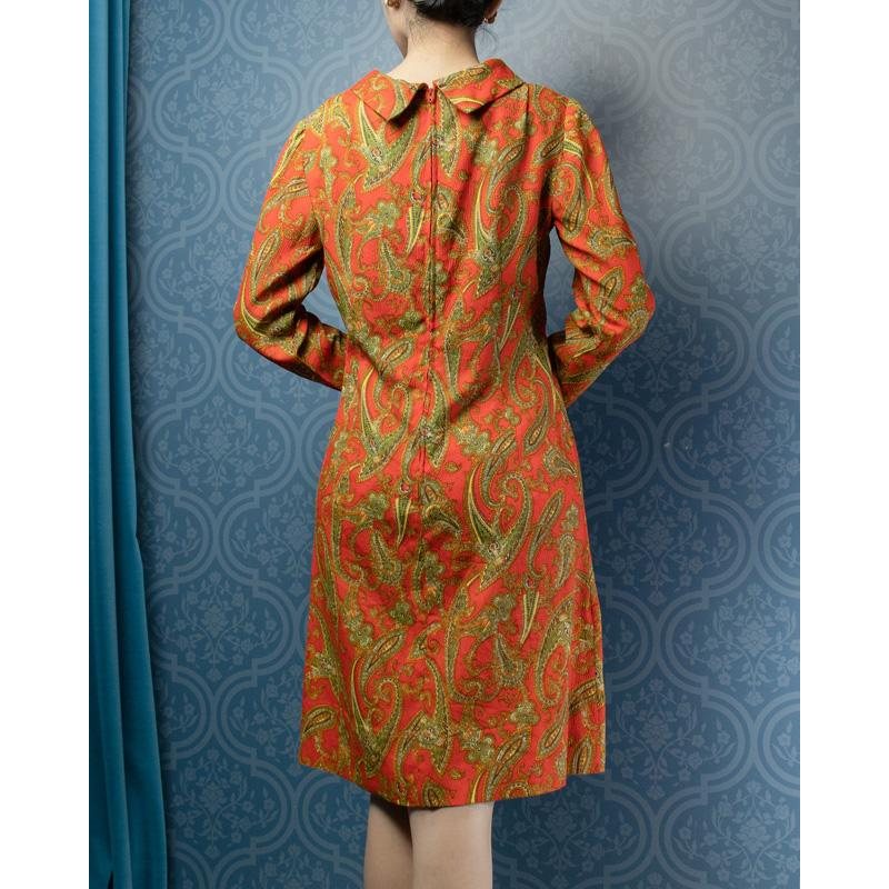 RARE!C.a. 1960-70s Rolled Collar Paisley Pattern Orange Shift Dress(MU101-13)