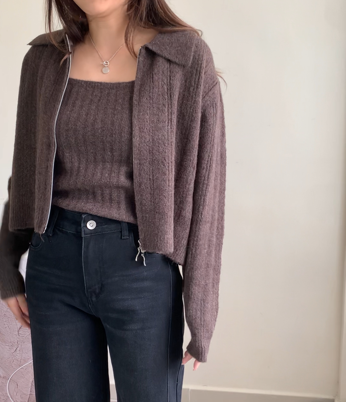 通花拉鍊反領外套-啡色