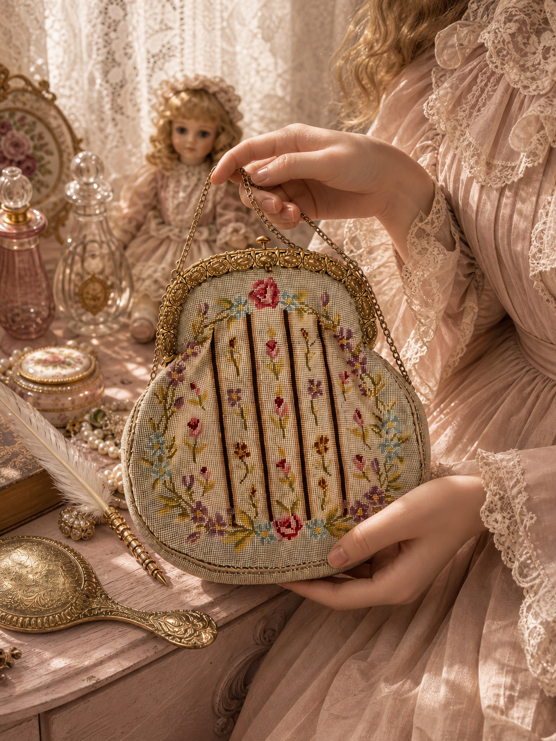 玫瑰詩篇法式宮廷微針刺繡口金晚宴包The Rose Poem of Belle Époque: French Court Petit Point Embroidered Evening Bag