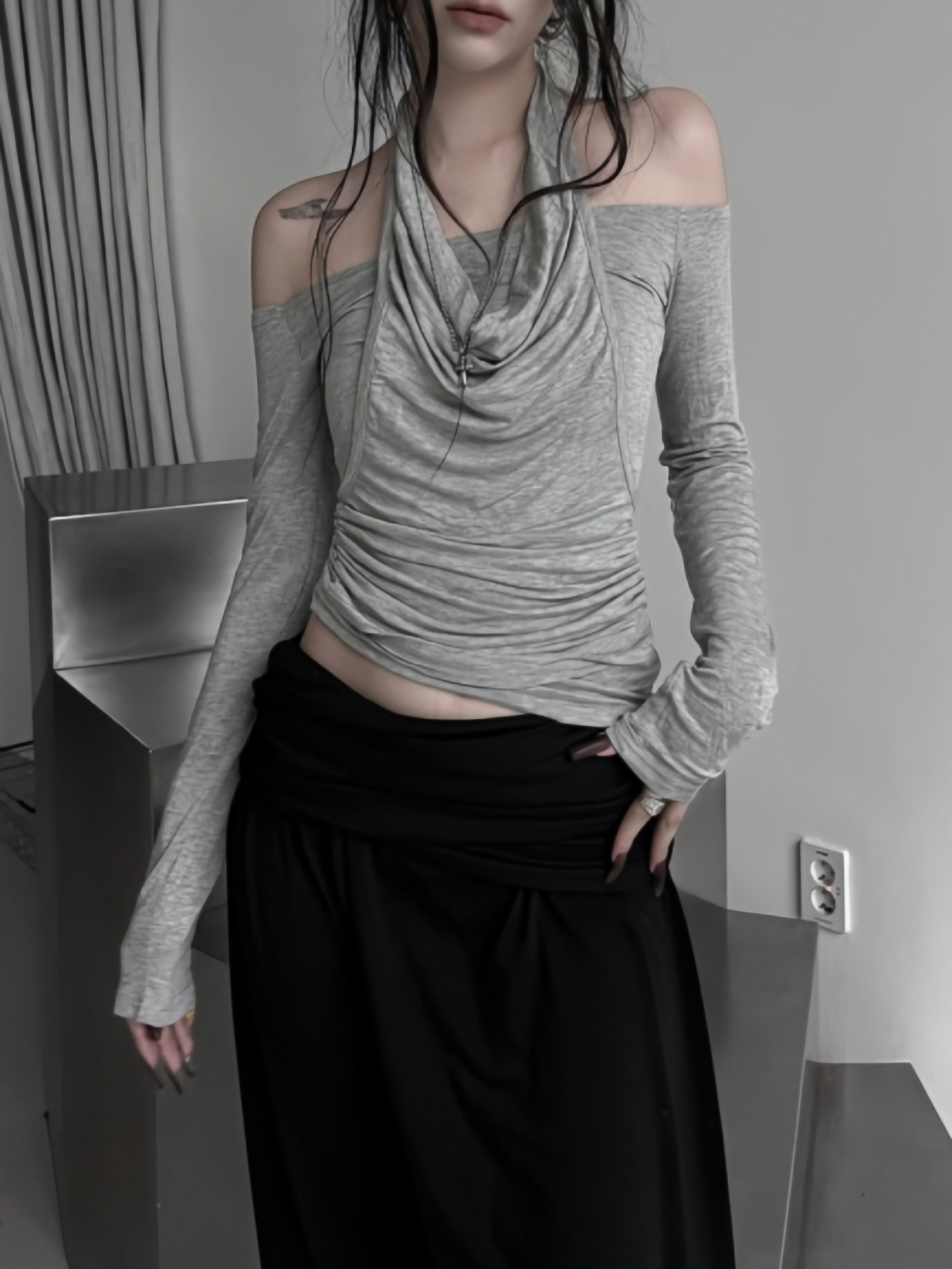 Halter Off-Shoulder Ruched Long Sleeve