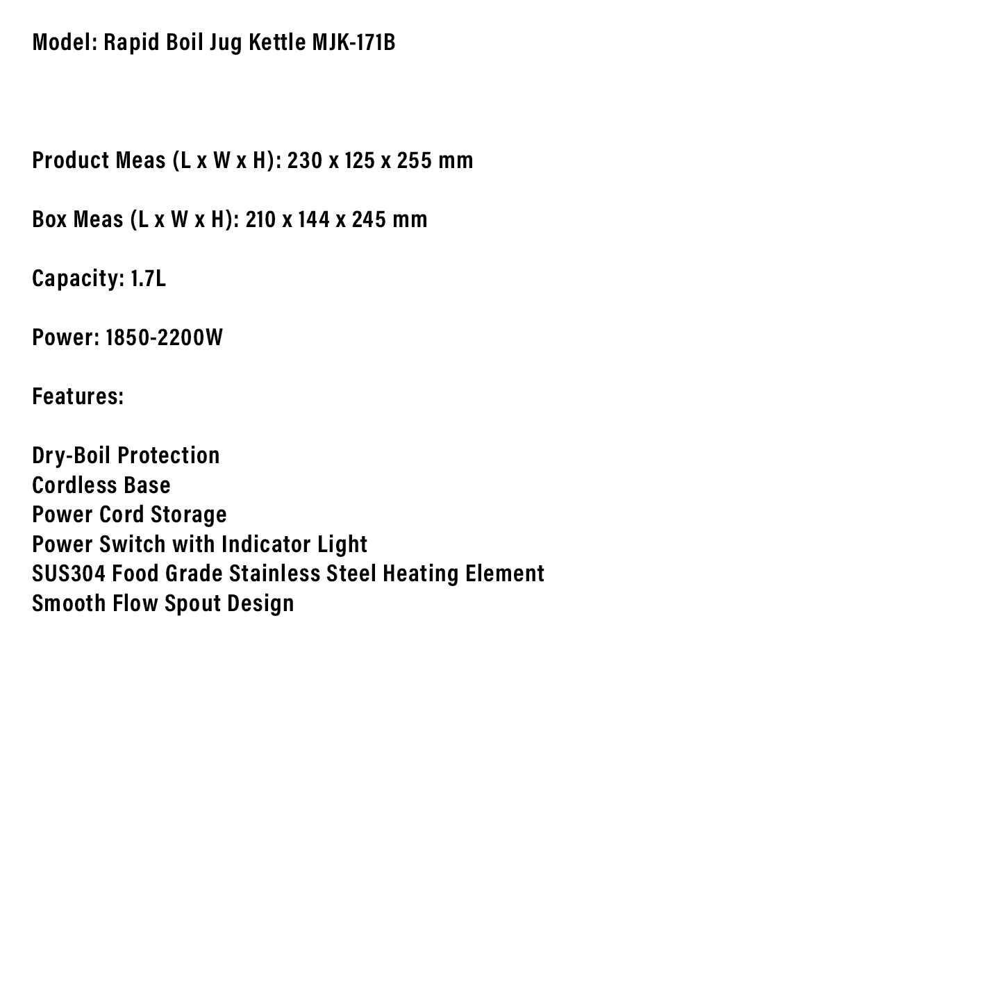 Milux 1.7L Plastic Jug Kettle (MJK-171B)