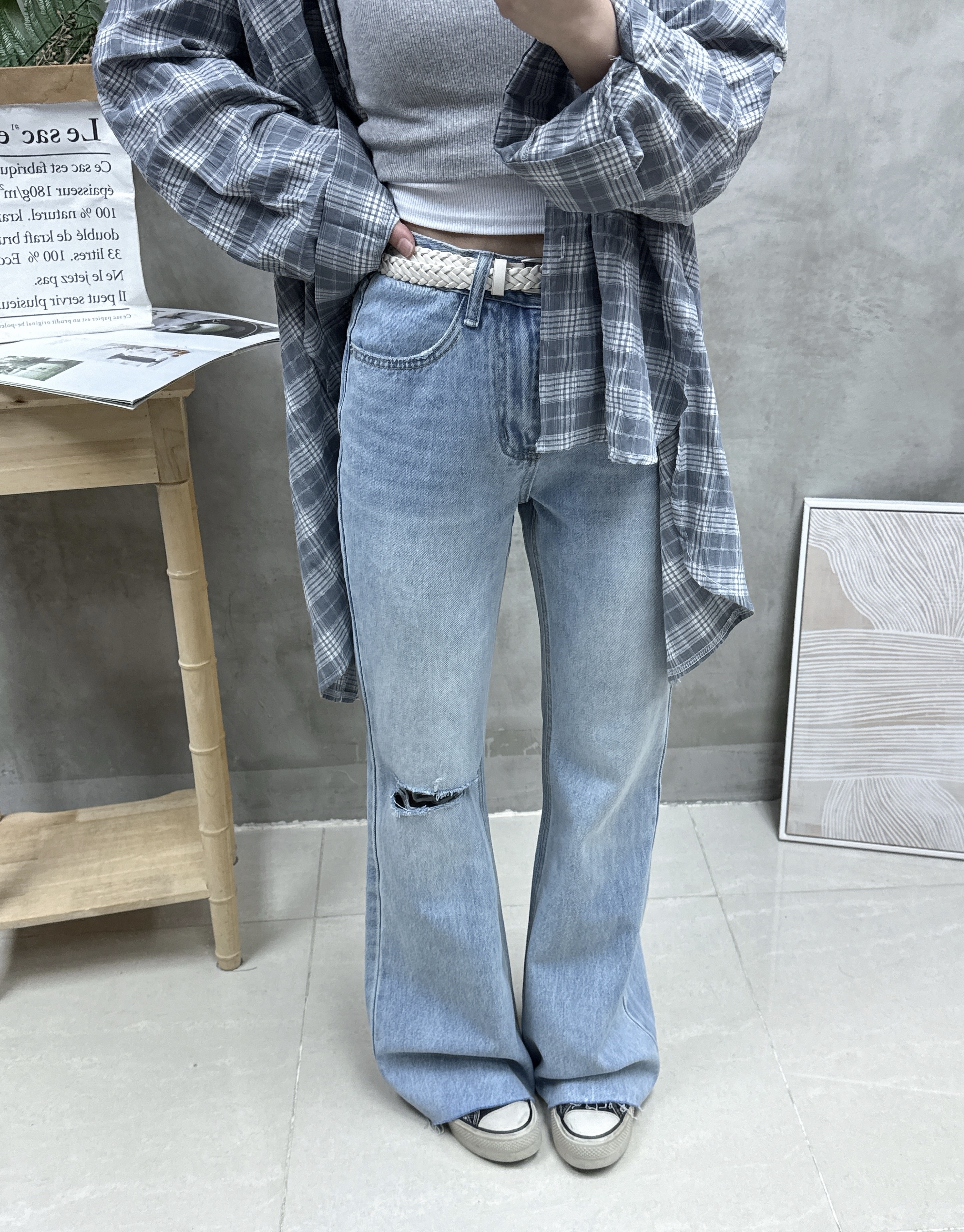 F19 後開叉格仔恤衫