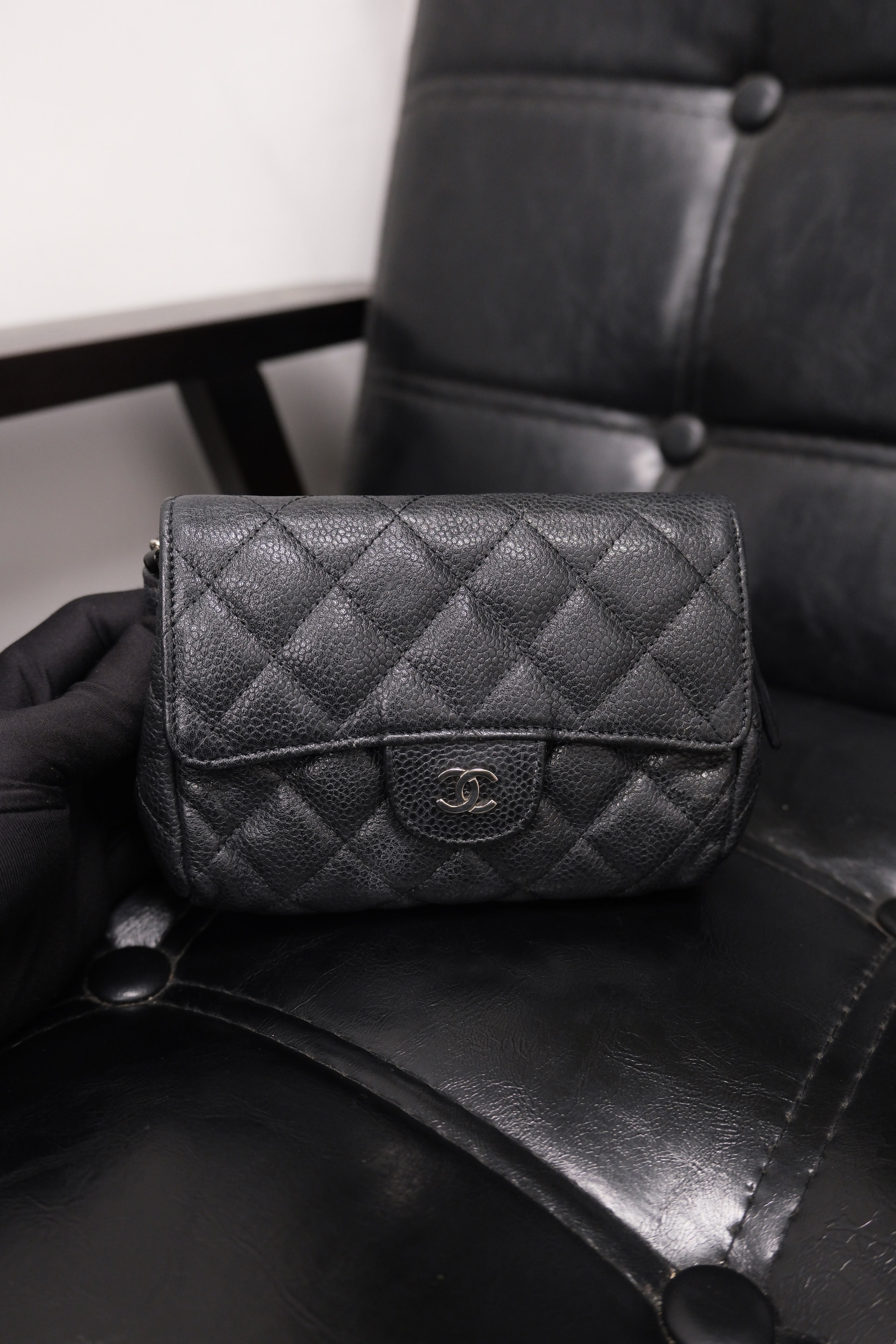 Chanel Matelasse Caviar Skin Pouch bag Black Silver