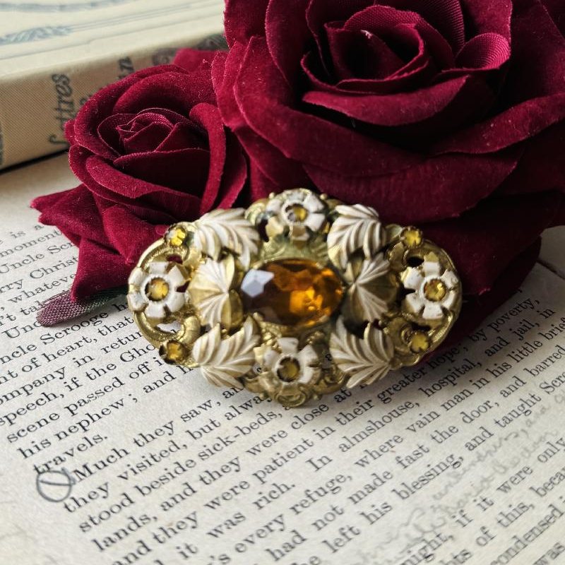 Antique C.a. 1920s Hand-painted Foliage Amber Glass Brooch(NZ035)
