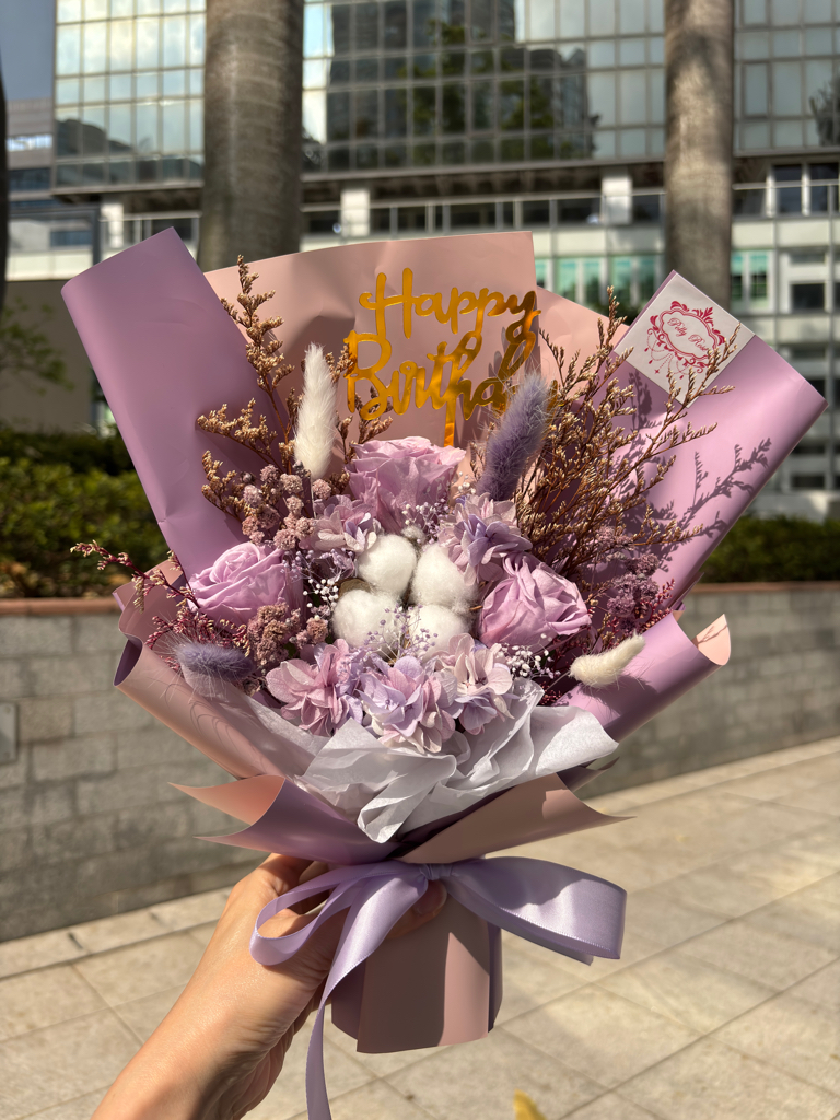 永生花花束（3朵玫瑰，高約36cm，紅、粉紅、紫、藍、淺粉）