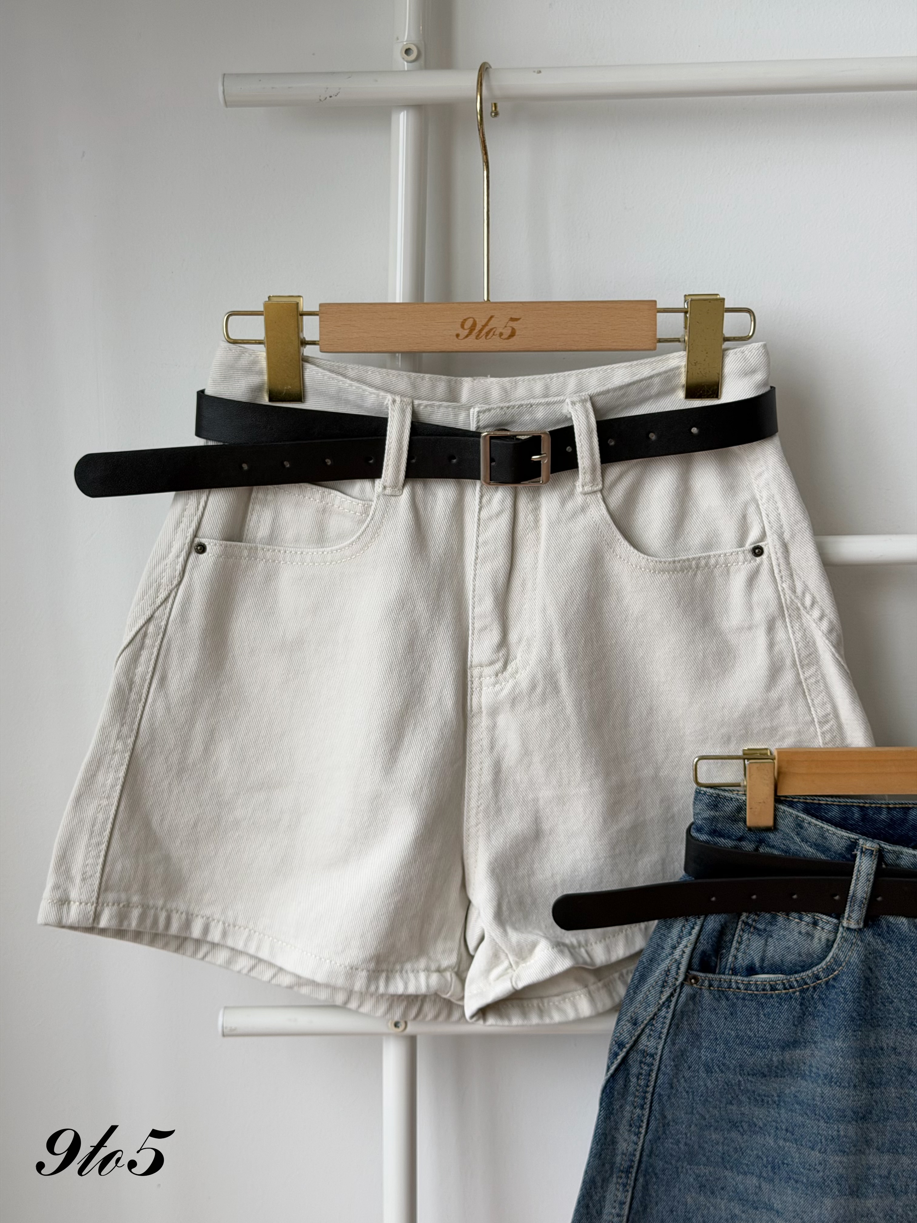 S2017 A Line Denim Short Pants - Beige & Blue