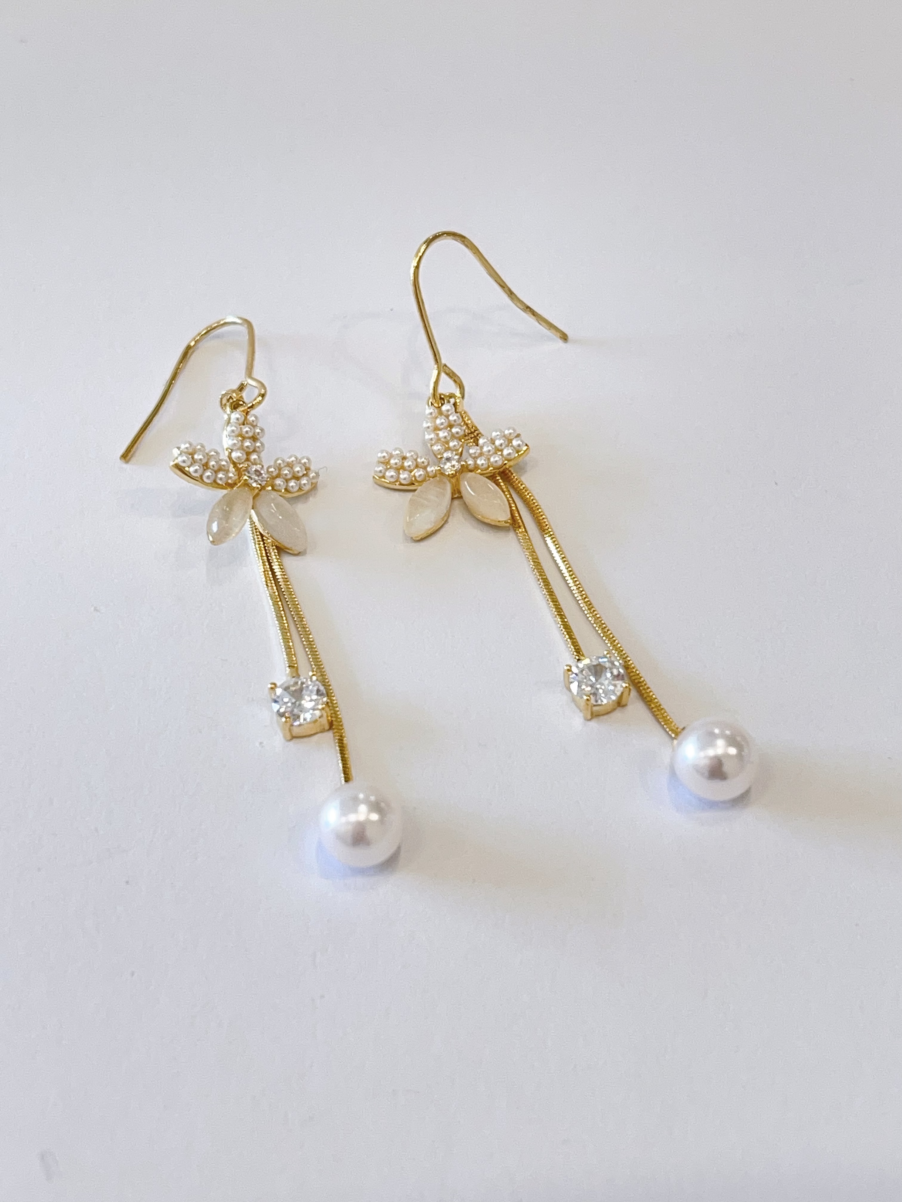 猫眼石小花朵锆石珍珠流苏耳环