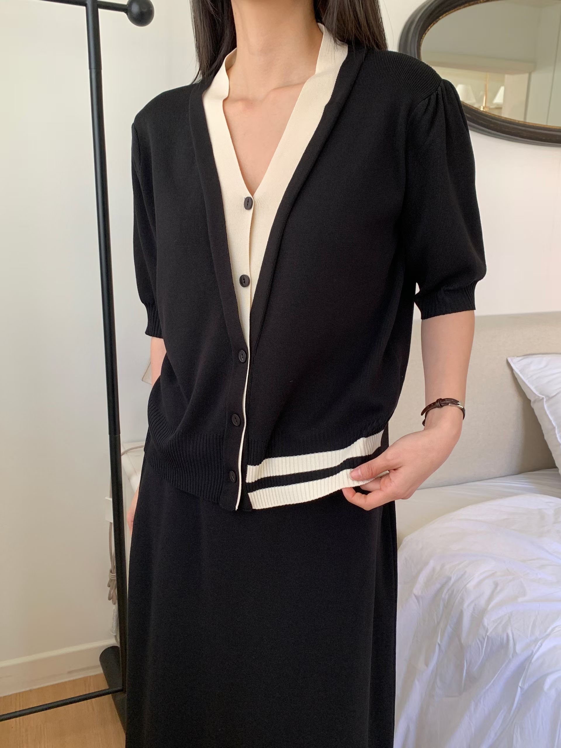 CT19 開鈕拼色外套+裙set 