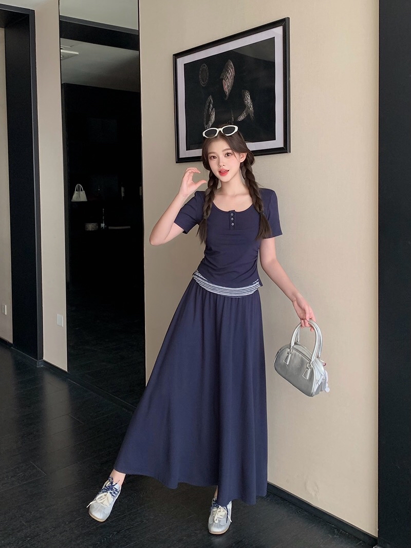 B308(36663) 韩版休闲风假两件拼下摆横纹付披肩上衣与长裙灰蓝套装 