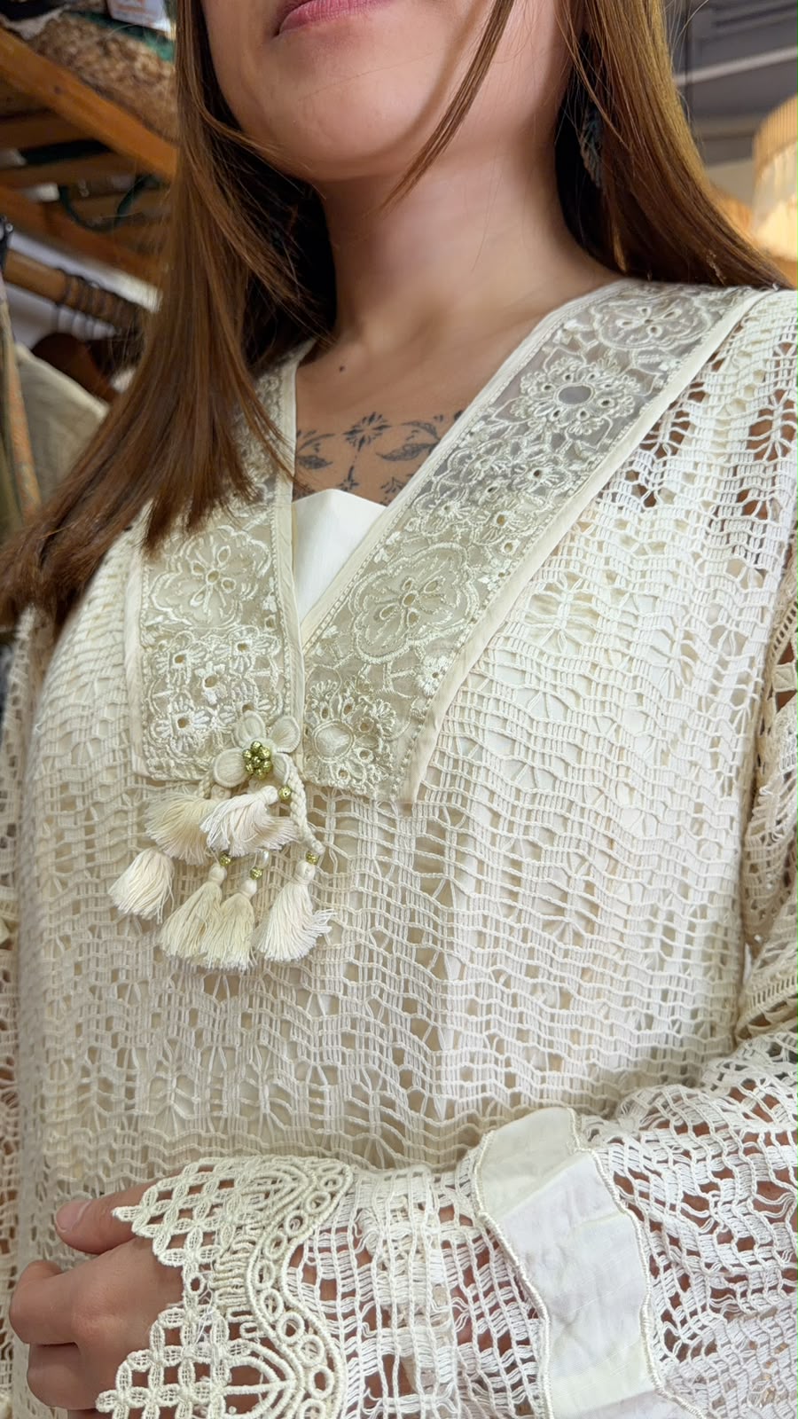 PKT 2644 Beige Knitted Sleeve Long Top