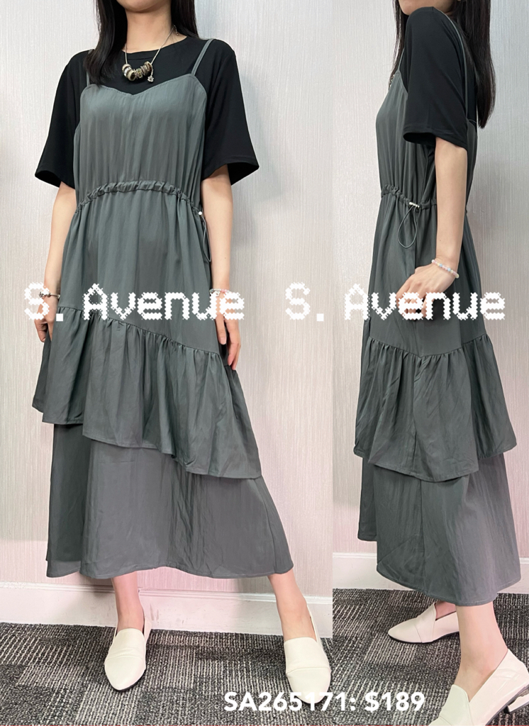 SA265171: 短袖吊帶V領束腰假兩件op