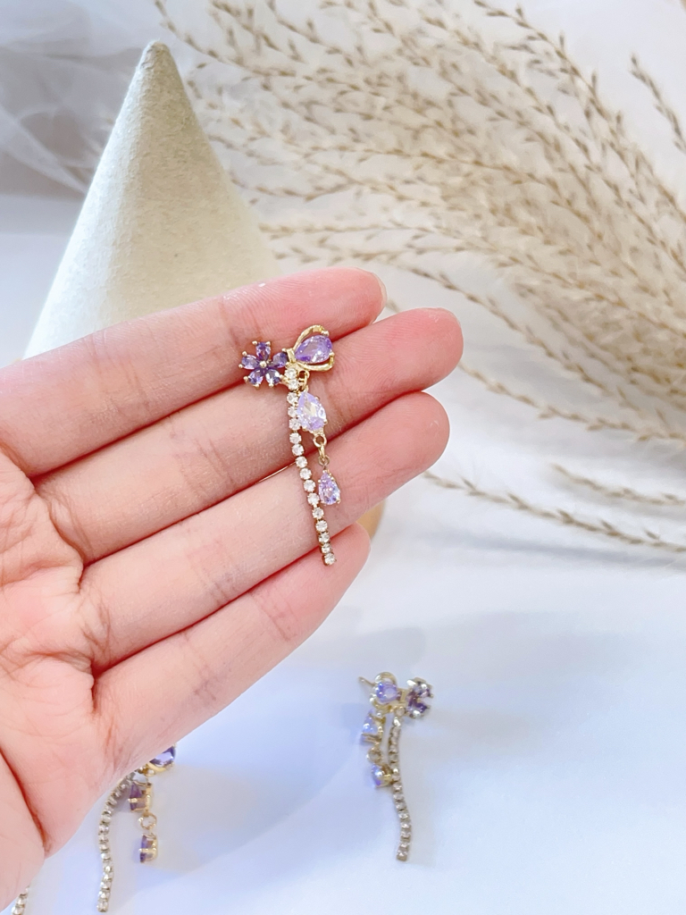 紫色控~! 紫色锆石蝴蝶结小花耳环