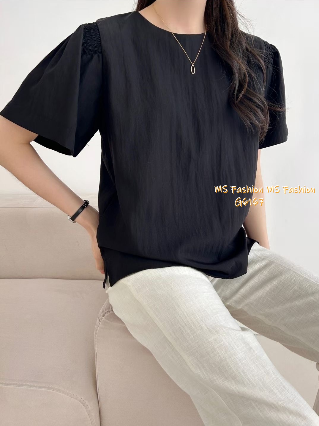 G6167 韓國🇰🇷淨色肩皺摺top