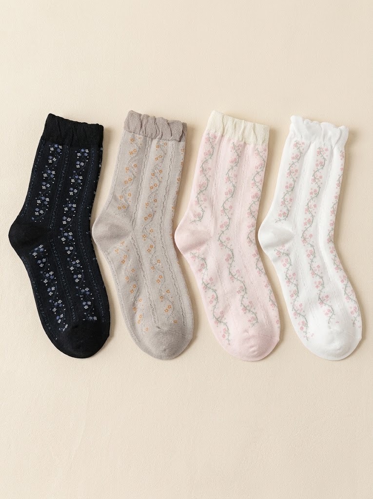Korean Flower Stem High Crew Socks