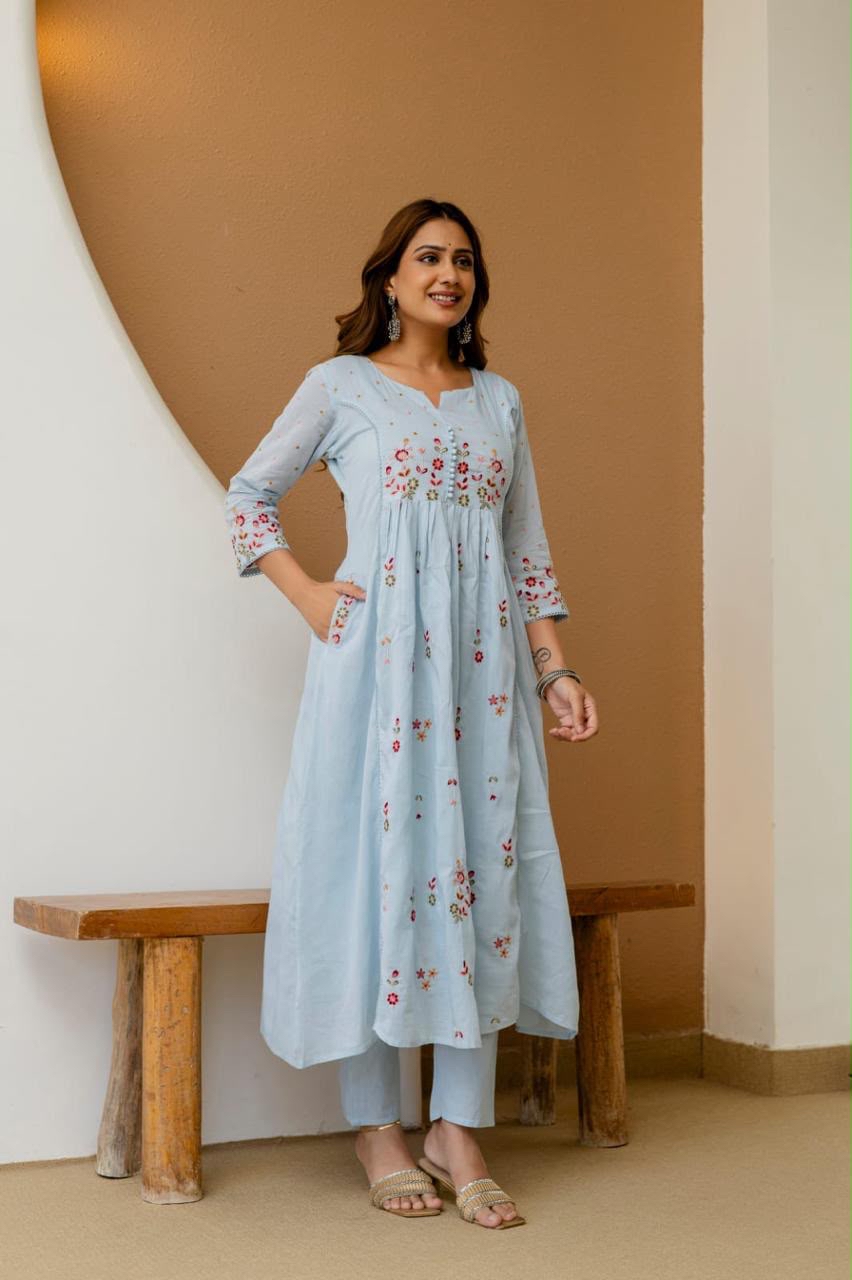Baby Blue Embroidered Floral Print Kurta Set