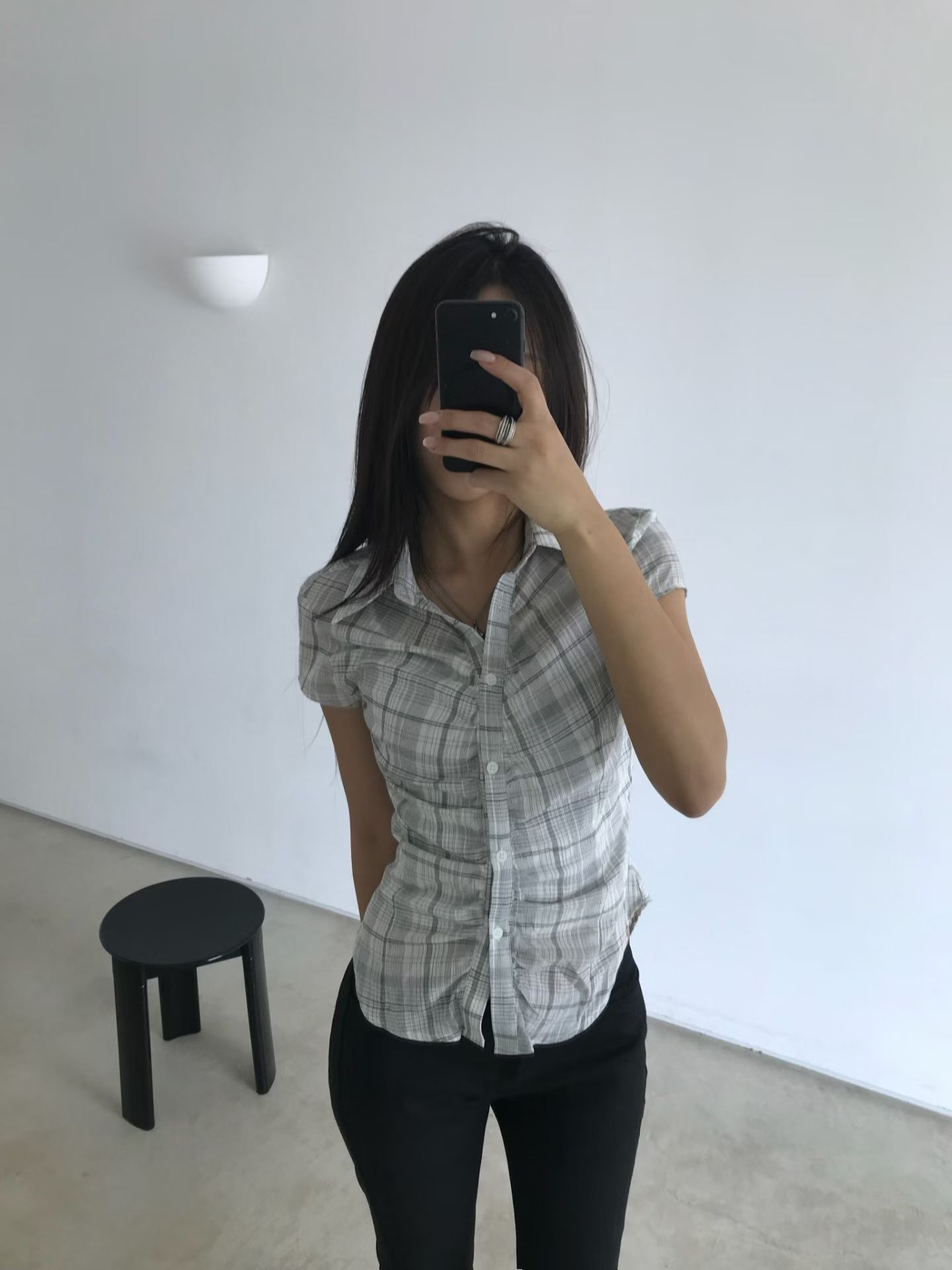 Plaid Shirred Button-Up Blouse