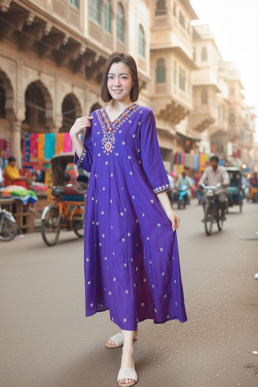 Purple Emb Big V Neck Cotton OP 46" #1051