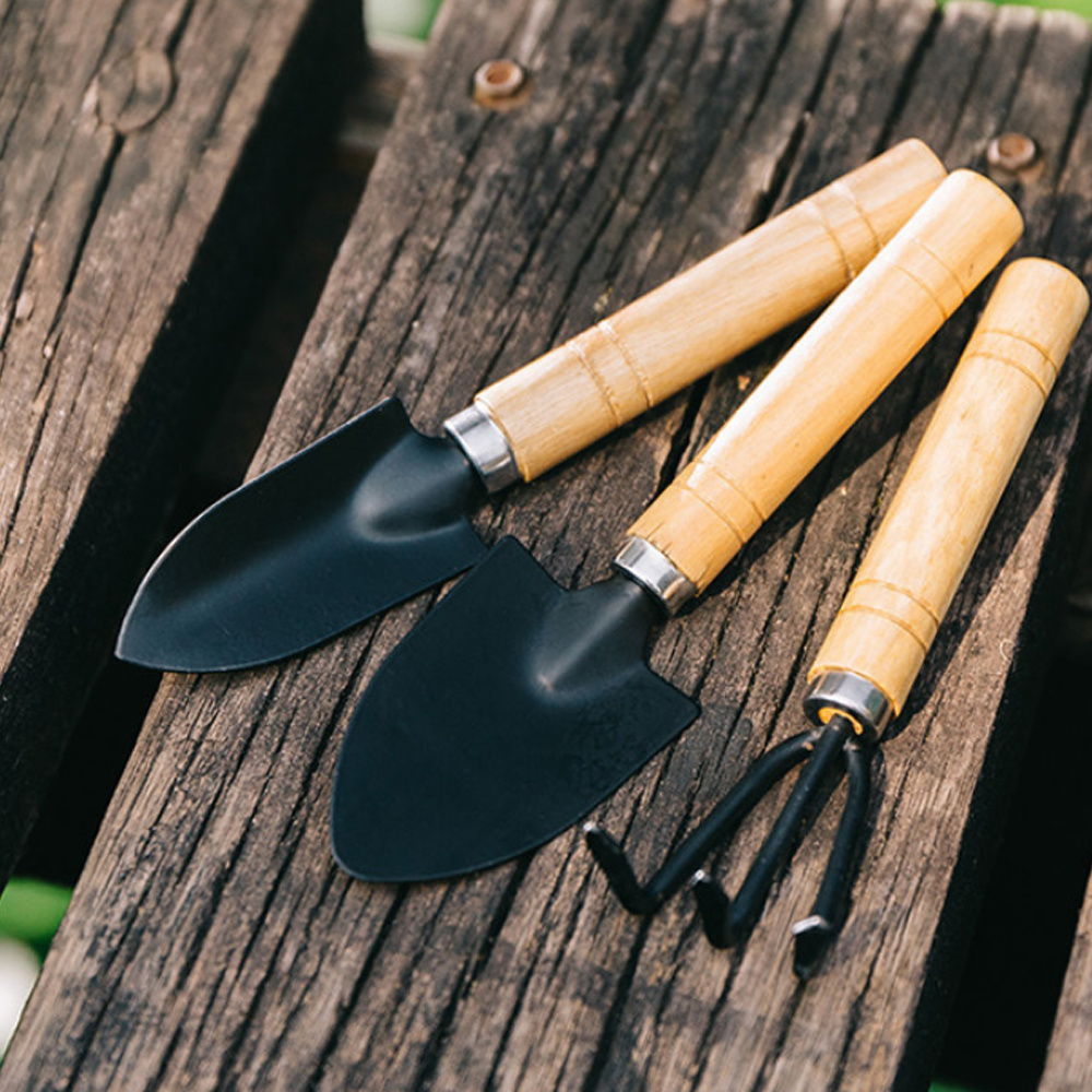 居家盆栽鏟 木柄鏟 耙子 尖鏟 園藝 多肉鬆土鏟 花鏟 鏟子 三件套 [平行進口] HK2697
