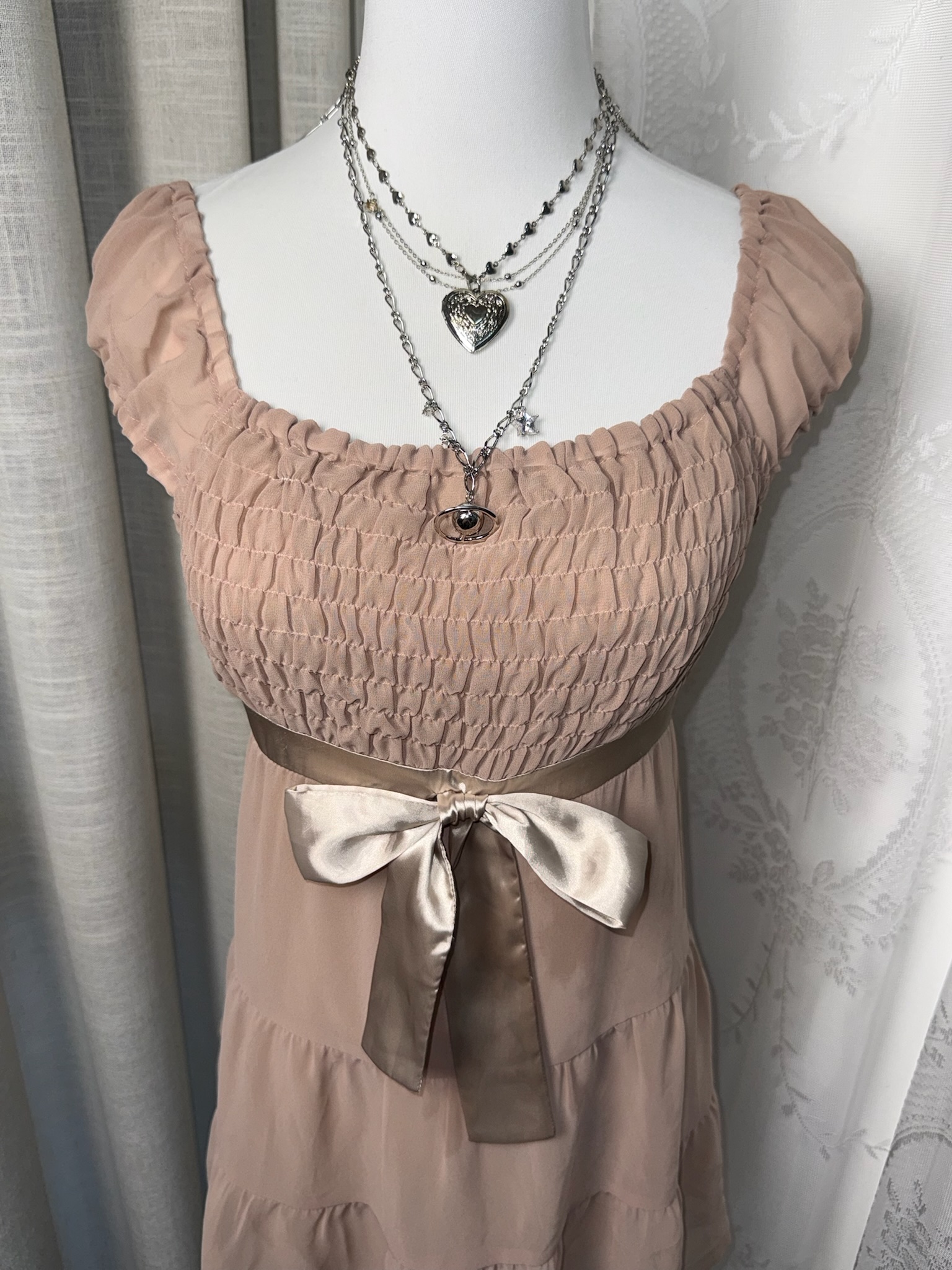 Taupe Smocked Milkmaid Tiered Dress
