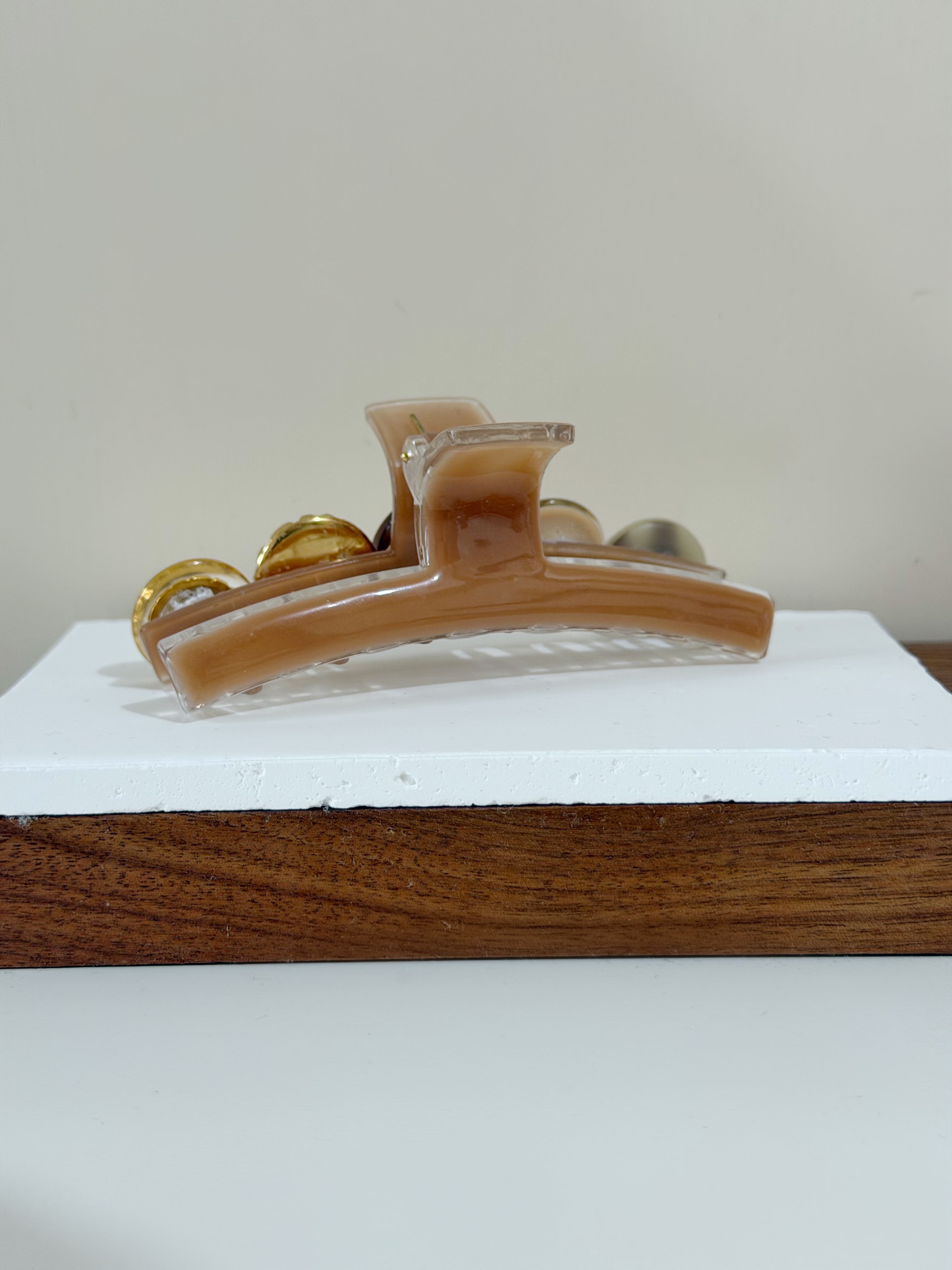 復古鈕扣髮夾/暗粉橙色 11cm長