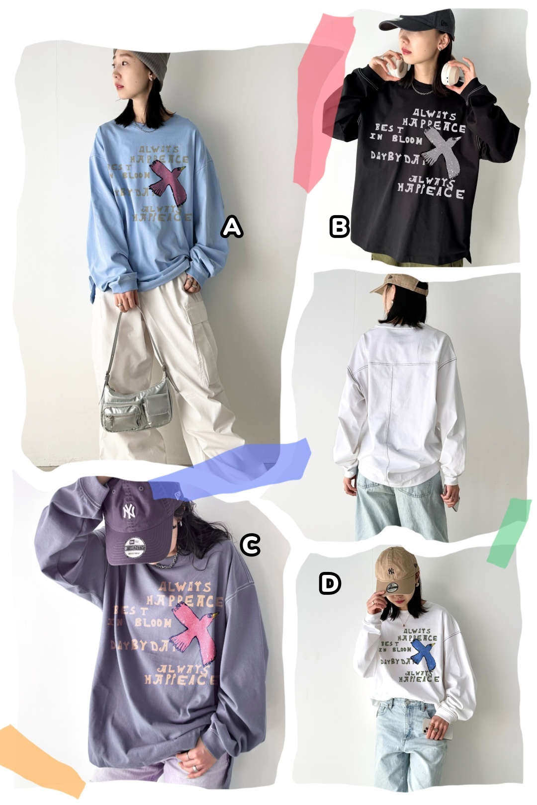 45R 飛鳥印花明線側開長袖Tee 