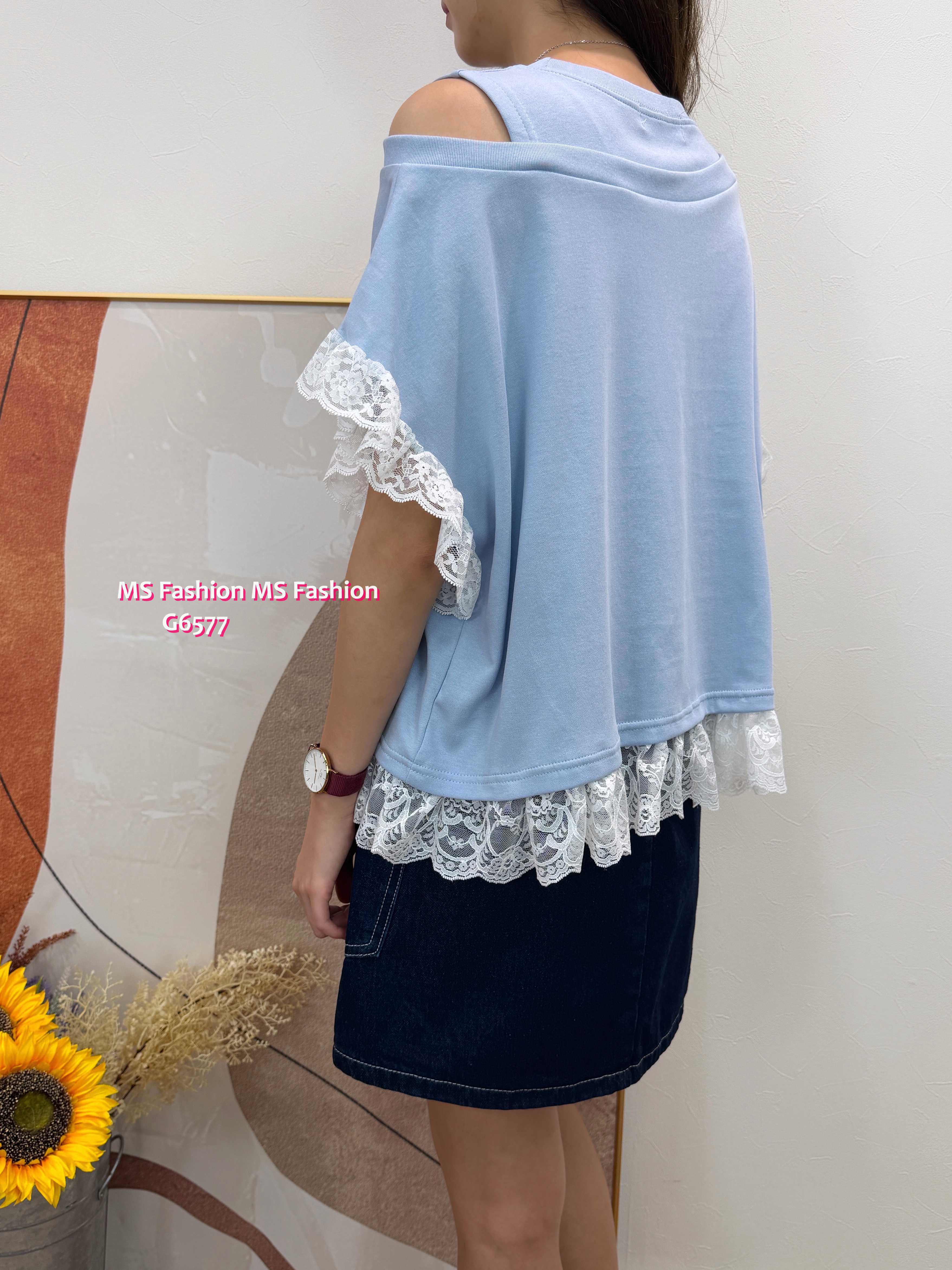 G6577 型格露肩拼lace top