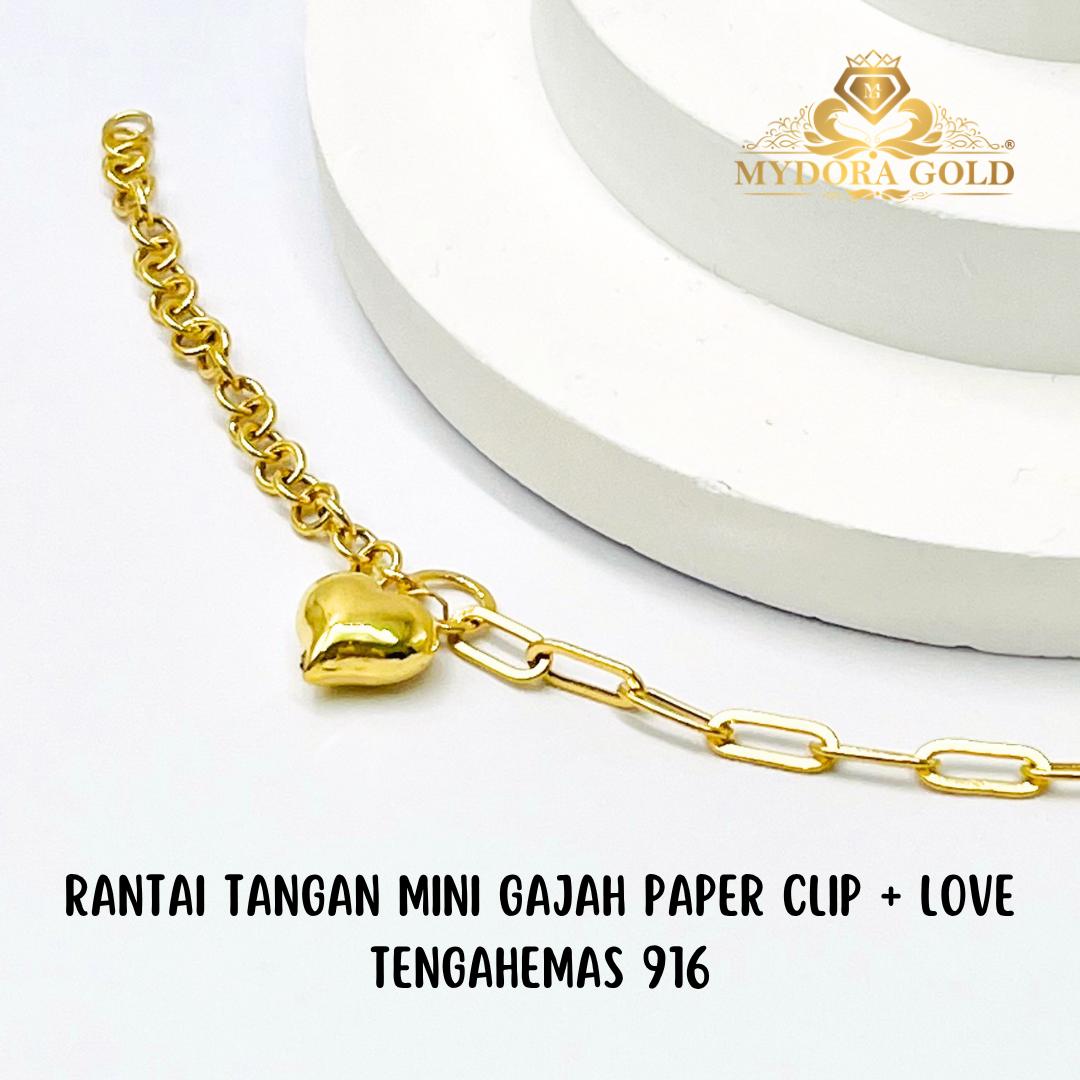 MYDORA Rantai Tangan Mini Gajah Paper Clip + LOVE Tengah l EMAS 916/22K