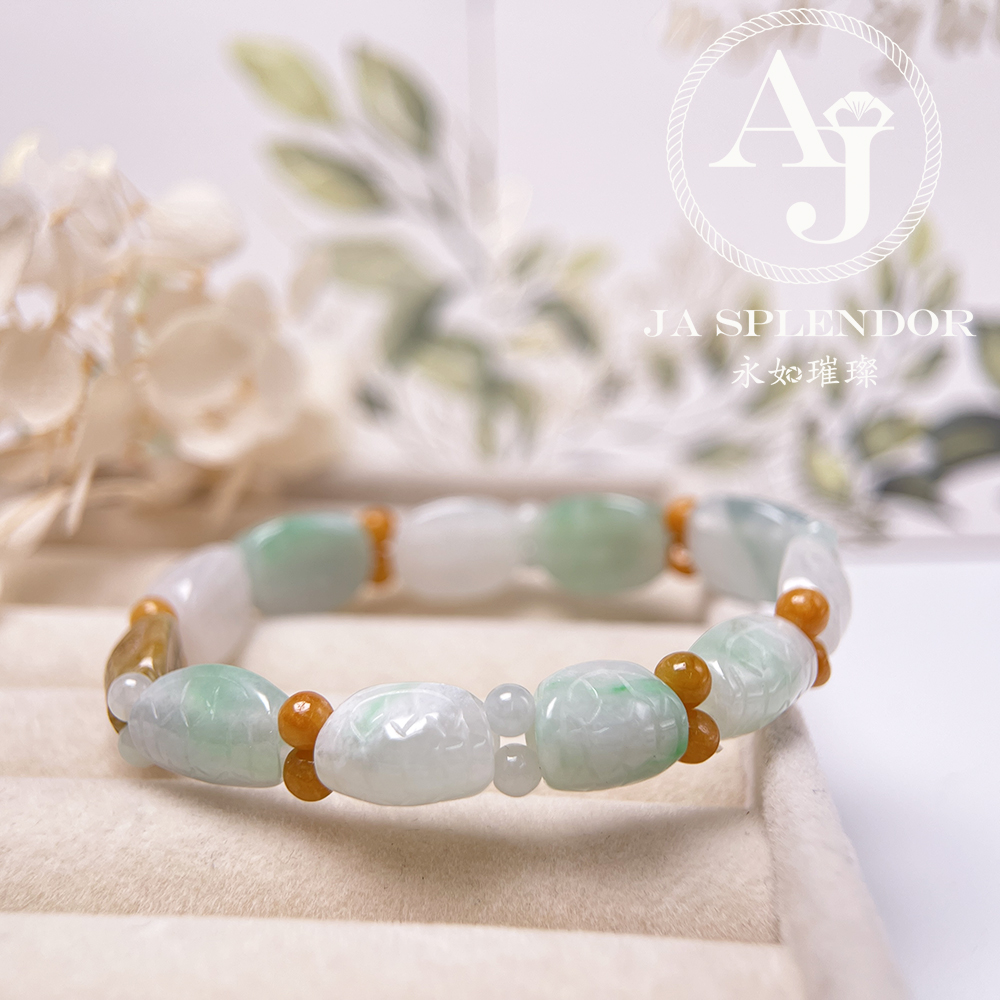 OF-06-J 天然翡翠A玉 - 冰潤三彩長壽吉祥龜貝手串