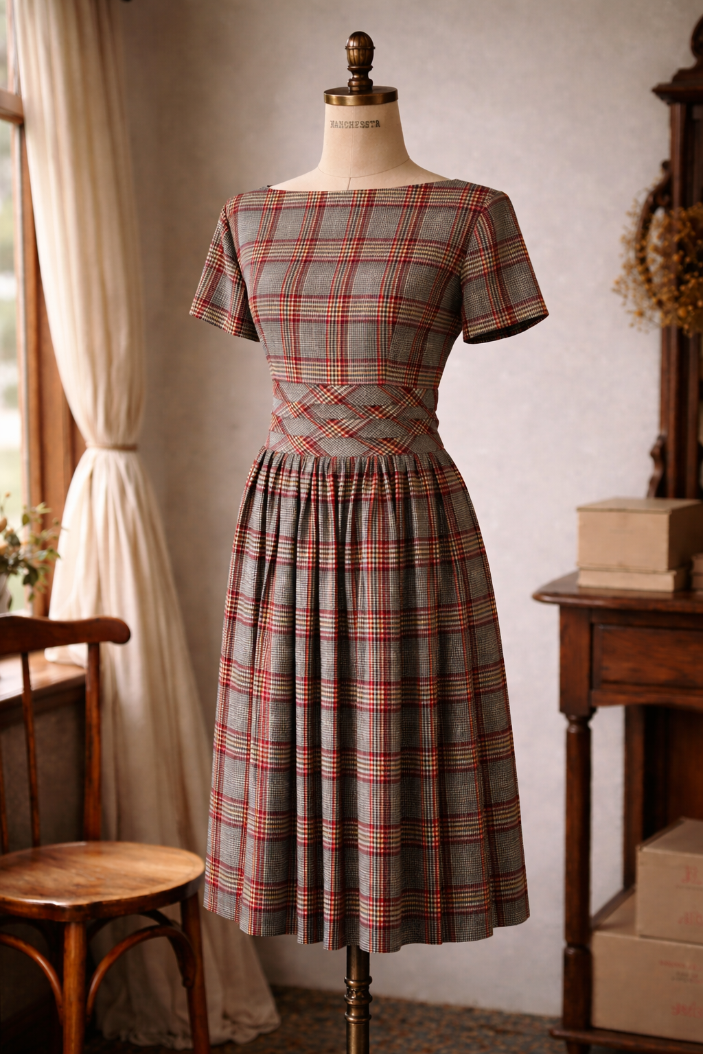 (Last L) Summer in Woodland - 1950s Inspired Checkered Summer Dress- Short Sleeve (FM176)