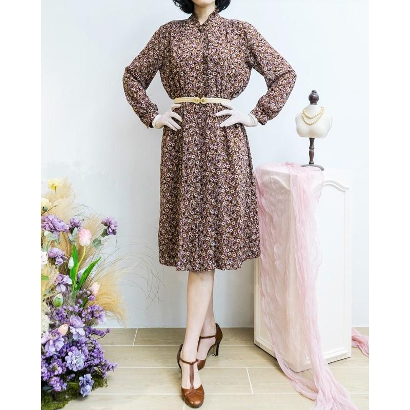 Vintage Japanese Tokyo Otsuki Floral Pattern Ruffle Edged Chiffon Long Sleeve Dress(MT1840-37)
