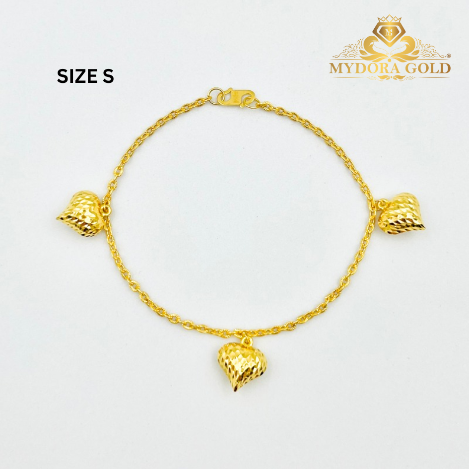 MYDORA Rantai Tangan Sauh Matahari Gantung 3 Love Pahat | EMAS 916/22K