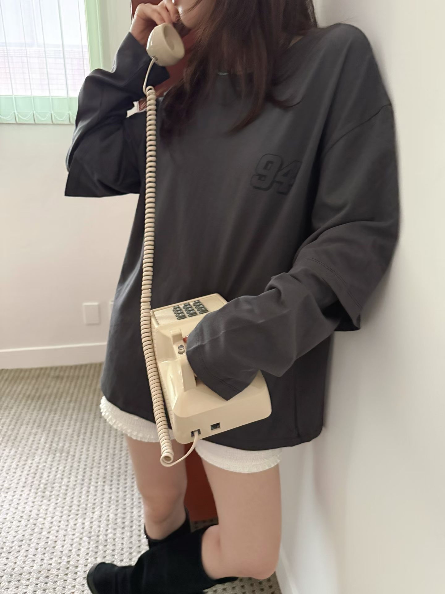 美式復古寬鬆落肩層次長袖T
