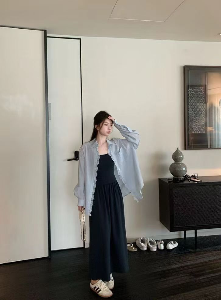 1753 Sheer Lace Shirt & Slip Dress Set Freesize法式蕾丝衬衫+吊带裙套装 