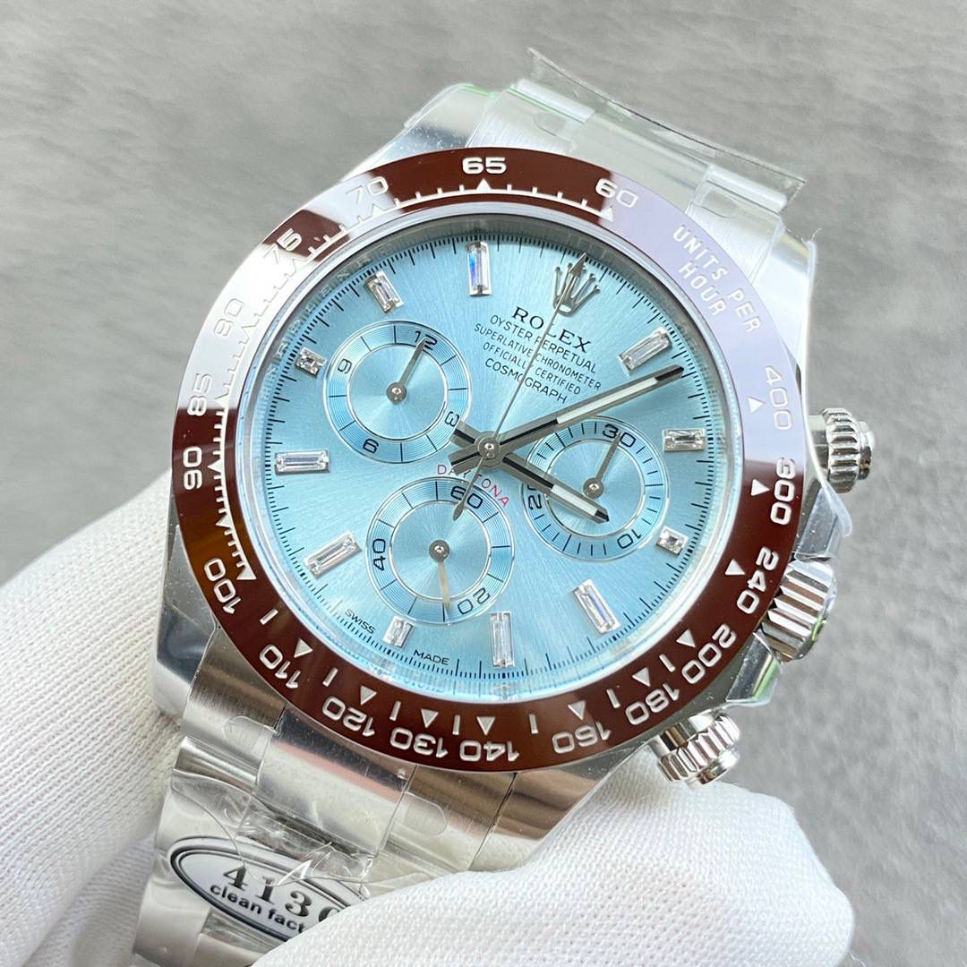 C厂！劳力士迪通拿系列，冰蓝迪！莫桑钻刻度，搭载丹东厂的4130机芯，40mm直径，12.2厚度！