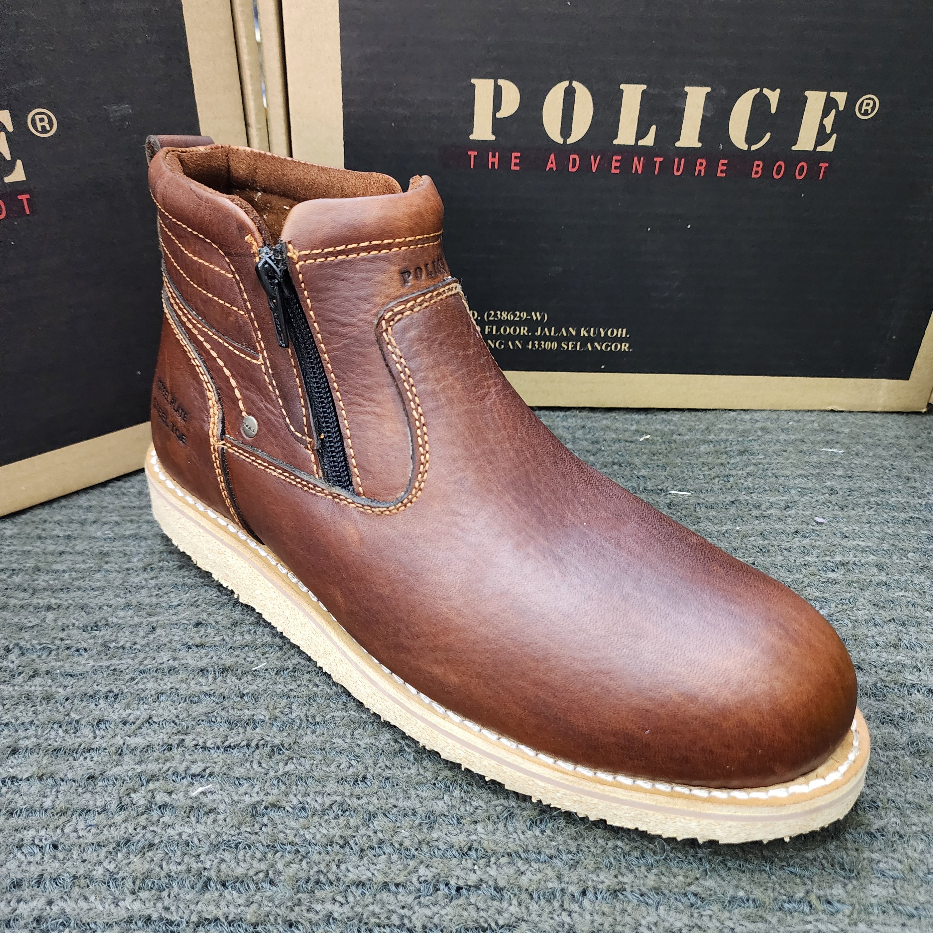 POLICE SAFETY 93597 Zip 93603 Lace Up Mid Cut Leather Safety Shoes Brown Kasut Keselamatan