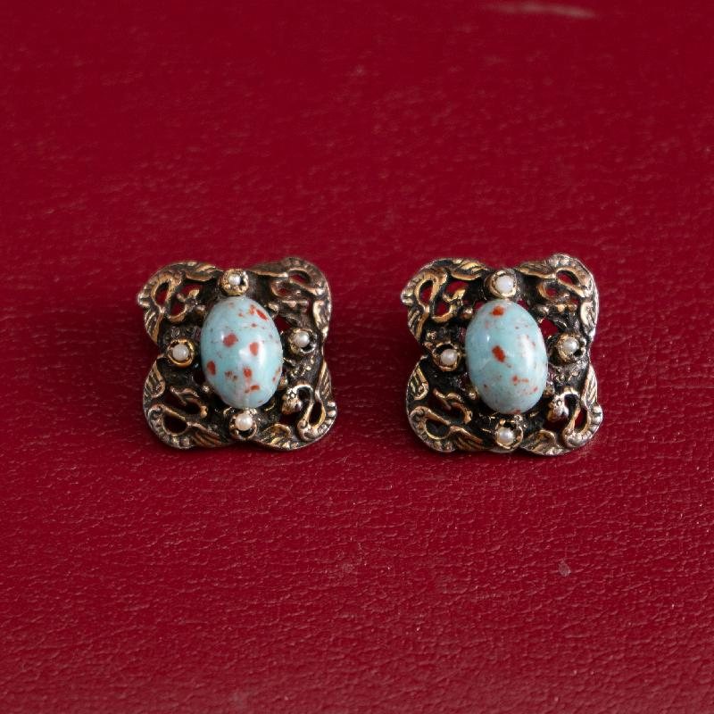 Vintage Mid-Century Faux Turquoise Cabochon Large Statement Clip Earrings (EA0812)