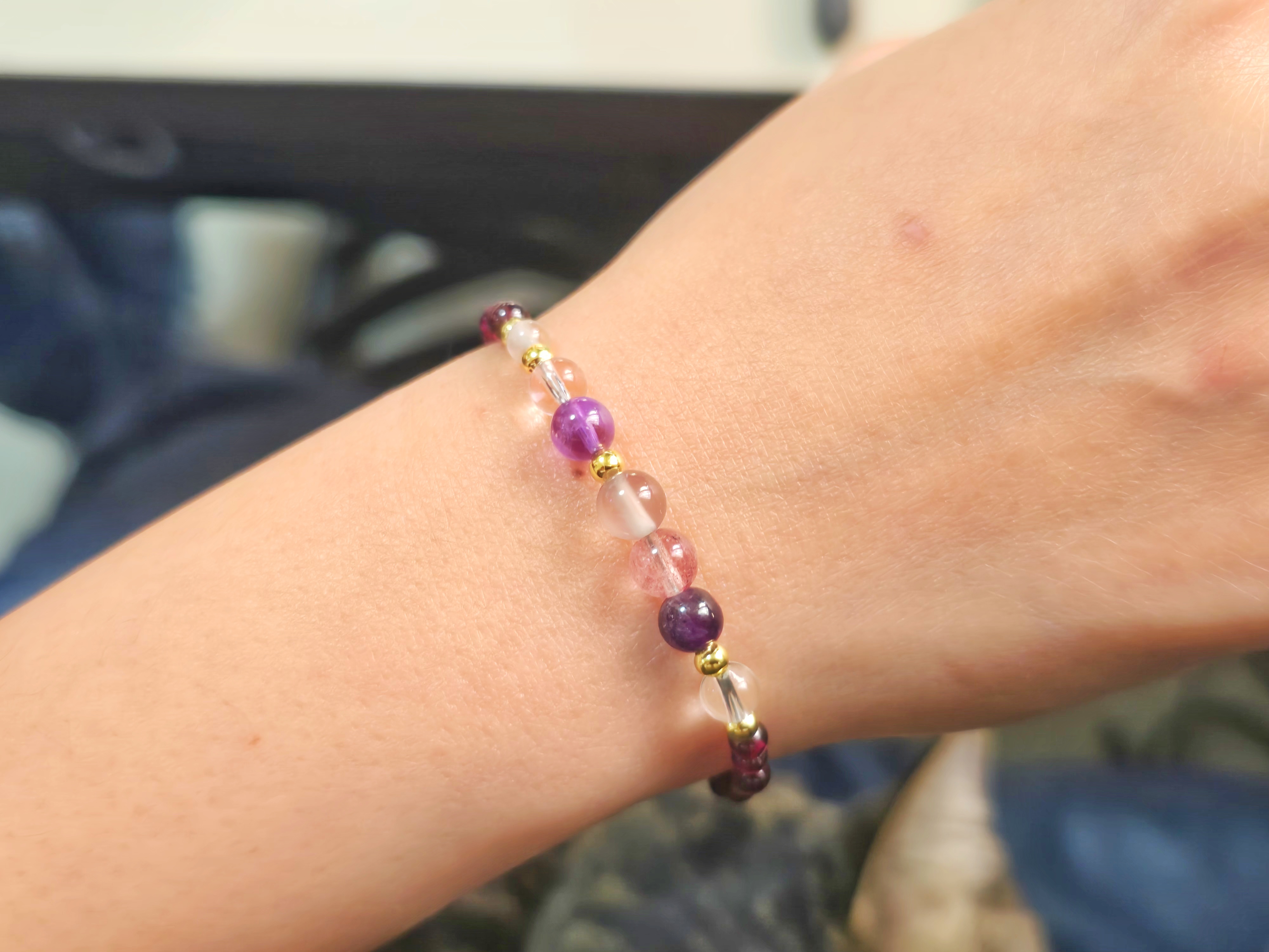 設計款 天然草莓晶 紫水晶 石榴石 白水晶 灰瑪瑙手鍊