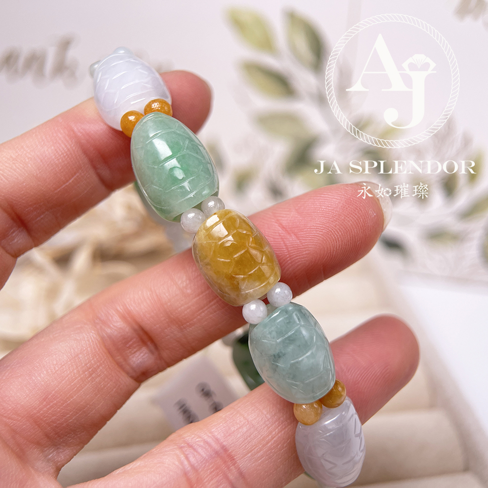 OF-06-B 天然翡翠A玉 - 冰潤三彩長壽吉祥龜貝手串