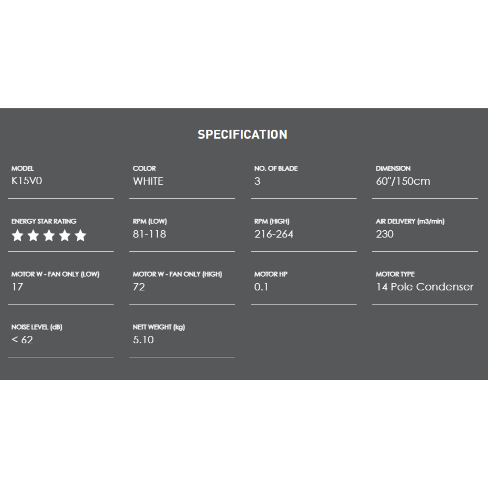 KDK 60" Ceiling Fan 3-Blade Regulator White (K15V0)