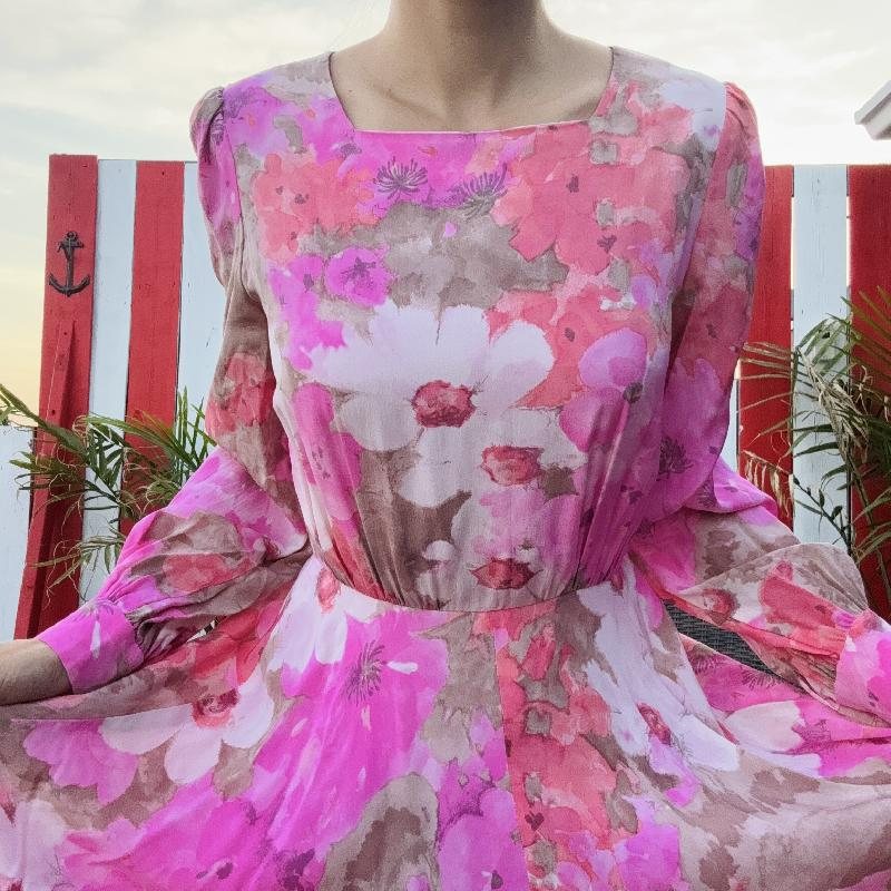 Vintage Artistic Ink Painting Floral Art Pattern Long Sleeve Light-weight Dress(MT1625)
