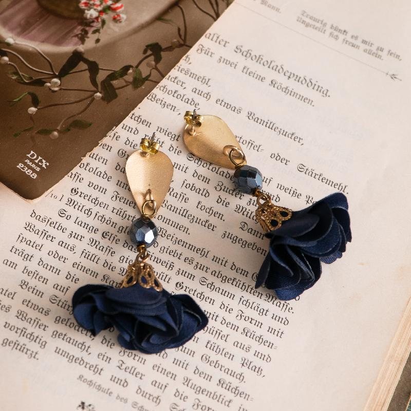 Modern Handmade in Italy Timeless Floral Blossom Fabric Flower Long Stud Earrings - Midnight Blue