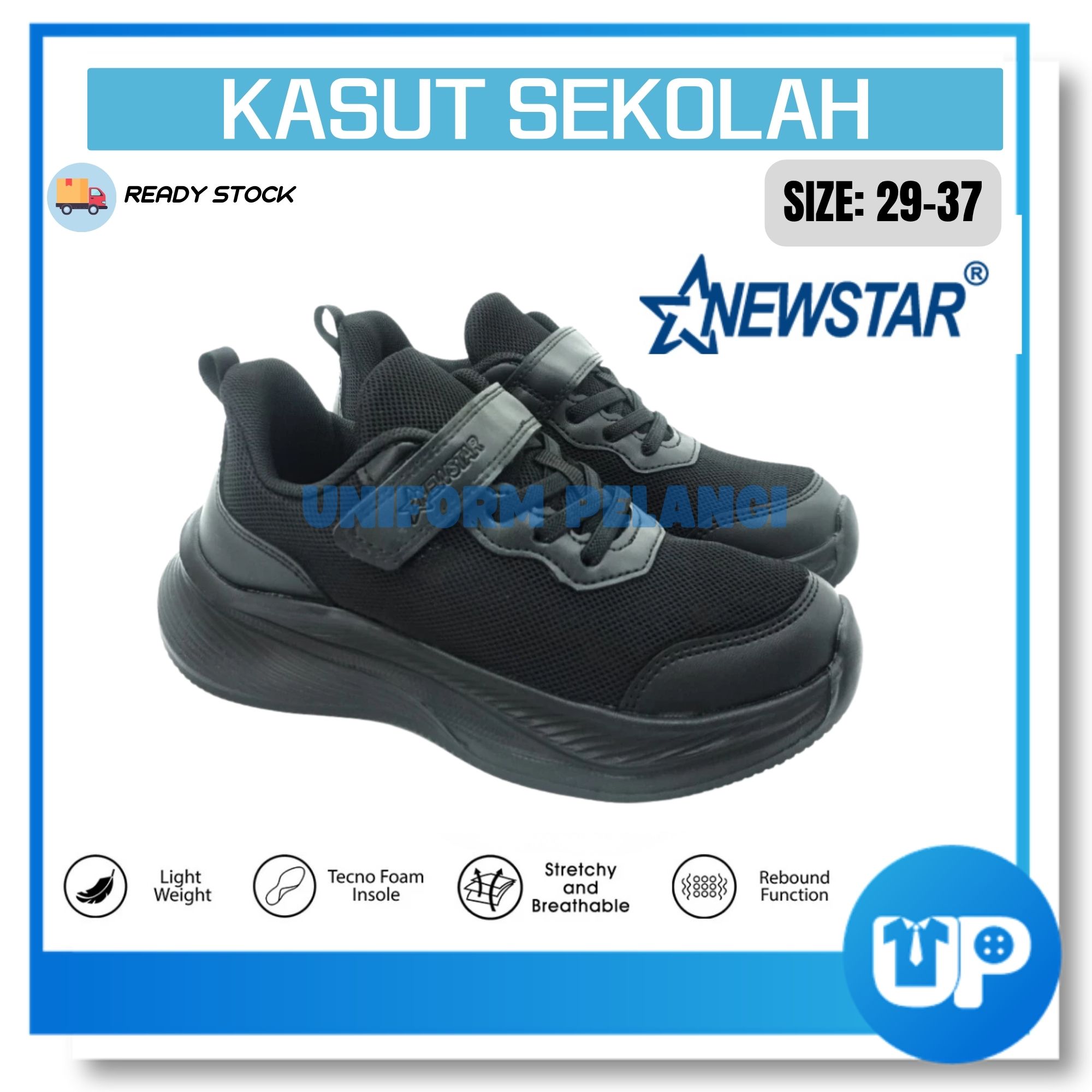 NewStar Black School Shoes [Velcro Strap] Kasut Hitam -W729B