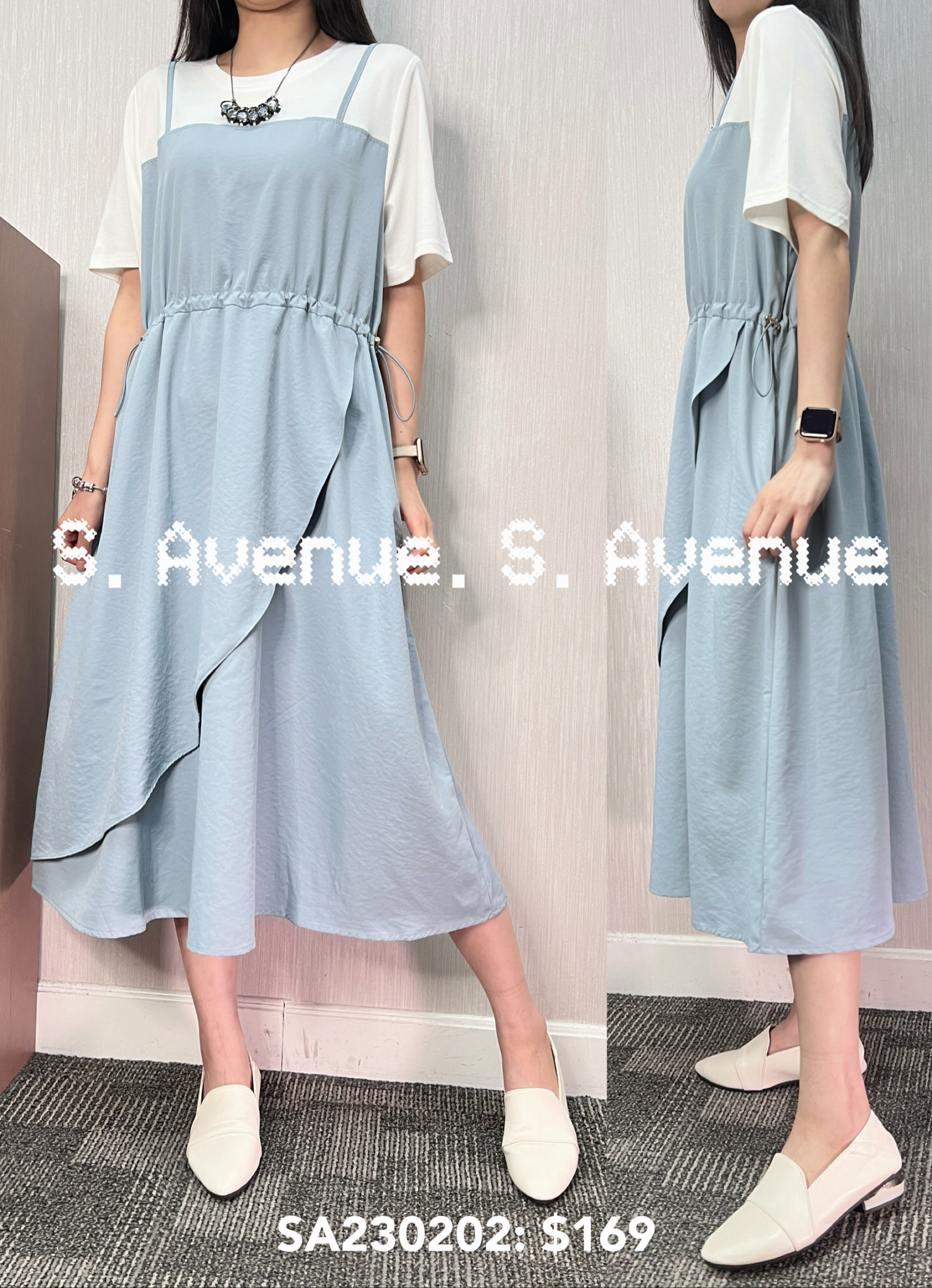 SA230202: 短袖吊帶假兩件束腰下ruffle op